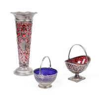Three American Silver Overlay and Colored Glass Articles