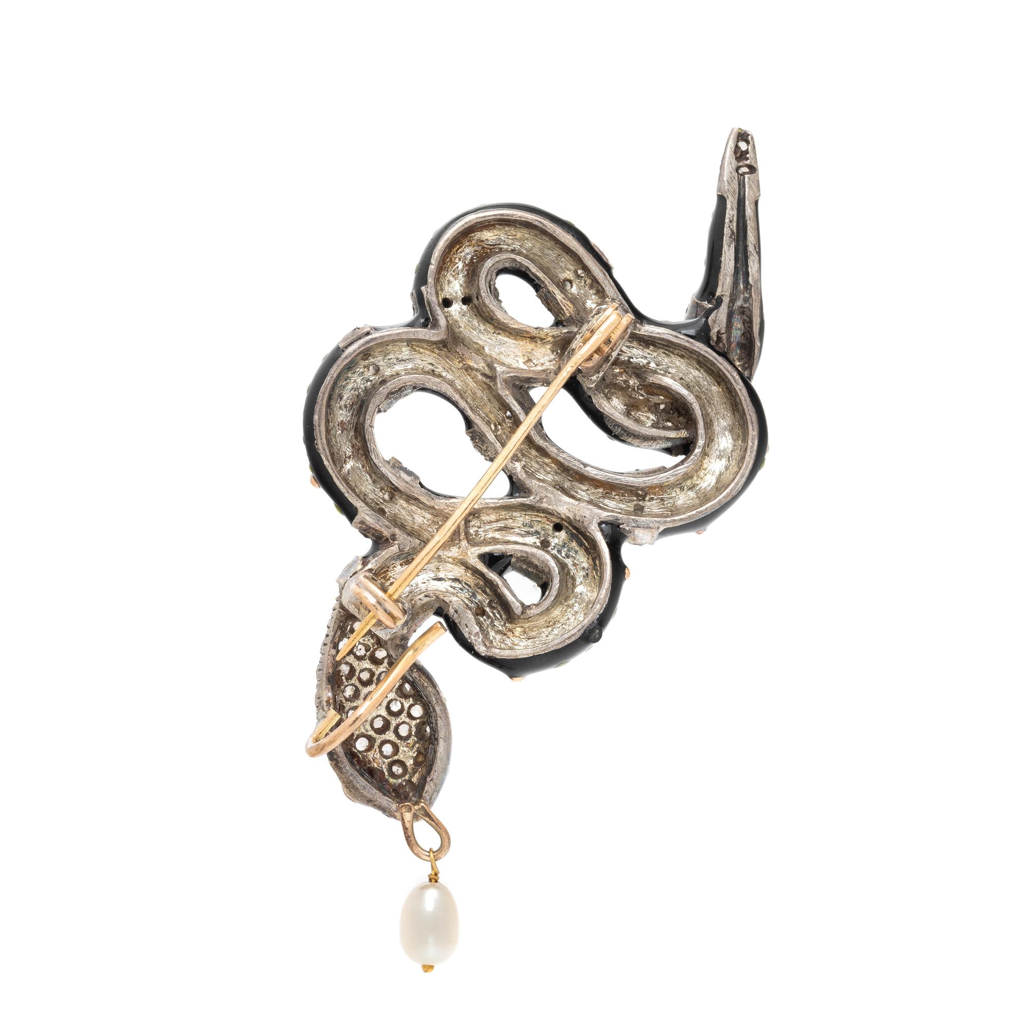 CULTURED PEARL, ENAMEL, AND DIAMOND SNAKE BROOCH PENDANT