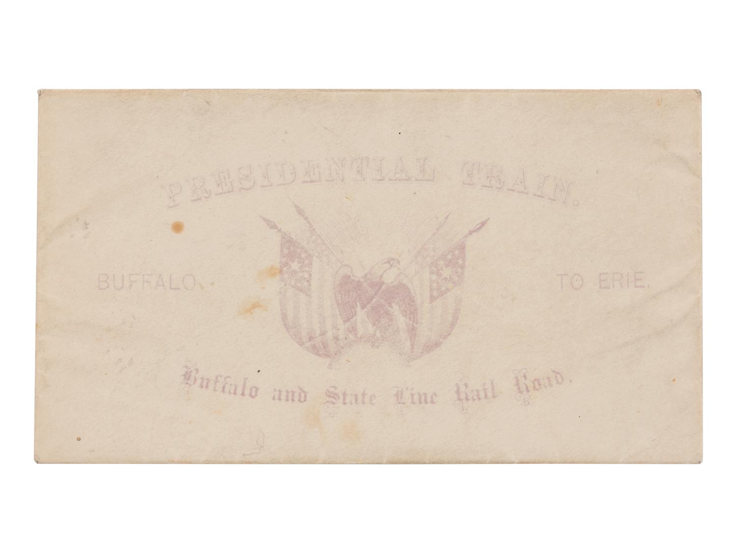 [JOHNSON, Andrew (1808-1875)]. Presidential Train schedule and pass, with the original envelope, for the "Swing Around the Circle" tour. N.p., n.p., 3 September 1866.