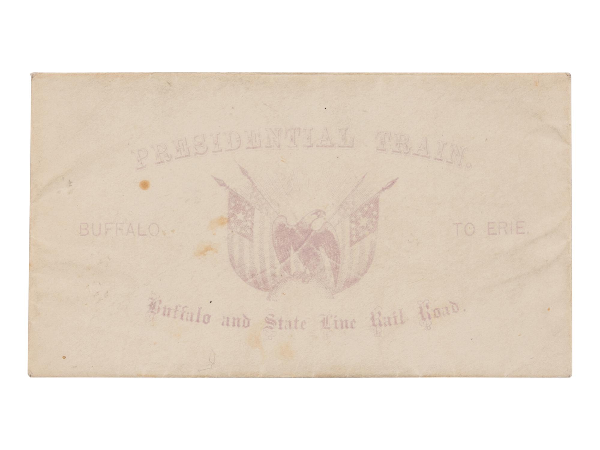 [JOHNSON, Andrew (1808-1875)]. Presidential Train schedule and pass, with the original envelope, for the "Swing Around the Circle" tour. N.p., n.p., 3 September 1866.