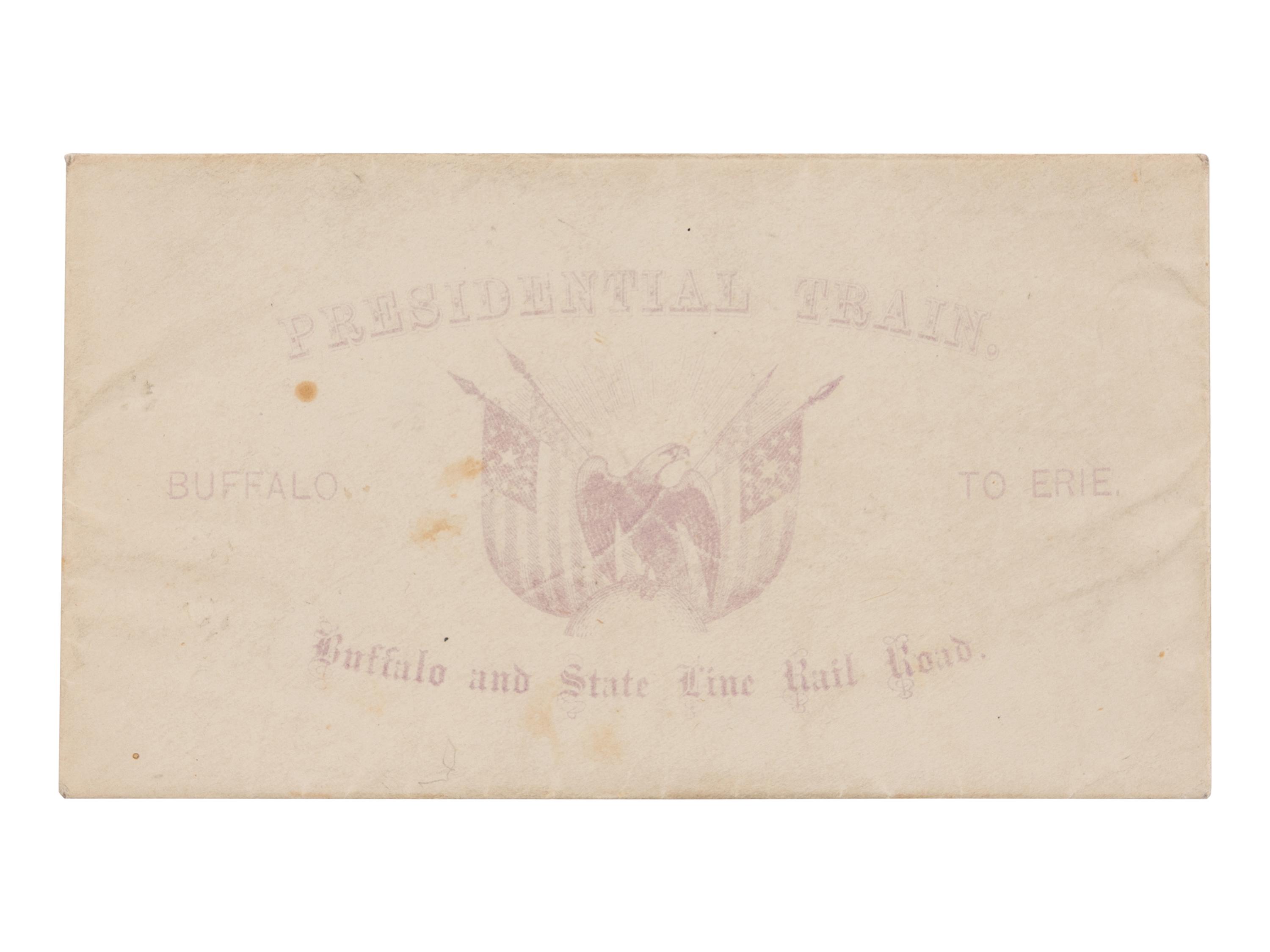 [JOHNSON, Andrew (1808-1875)]. Presidential Train schedule and pass, with the original envelope, for the "Swing Around the Circle" tour. N.p., n.p., 3 September 1866.