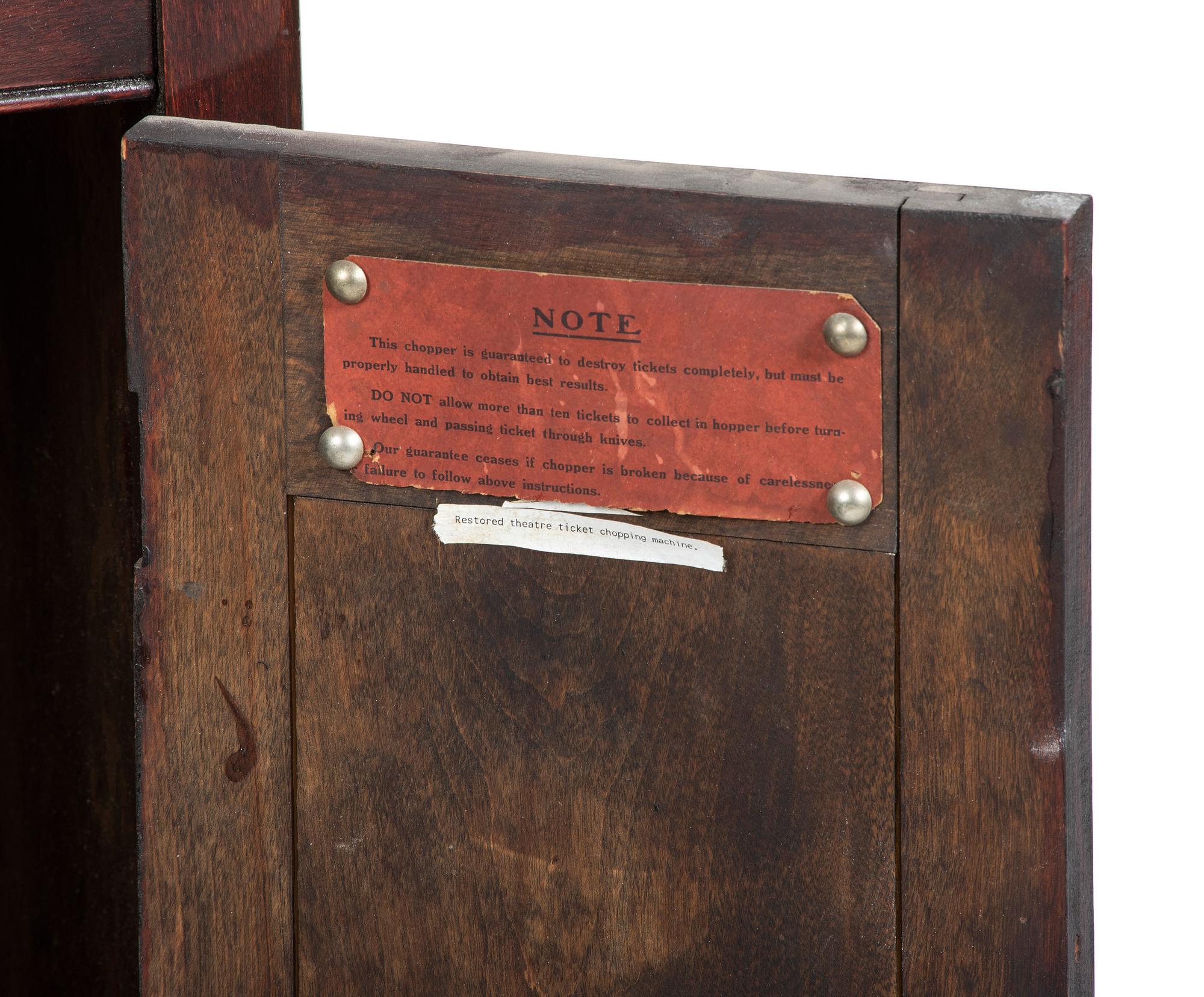 An Enameled Metal Mounted Walnut Floor Model Ticket Shredder