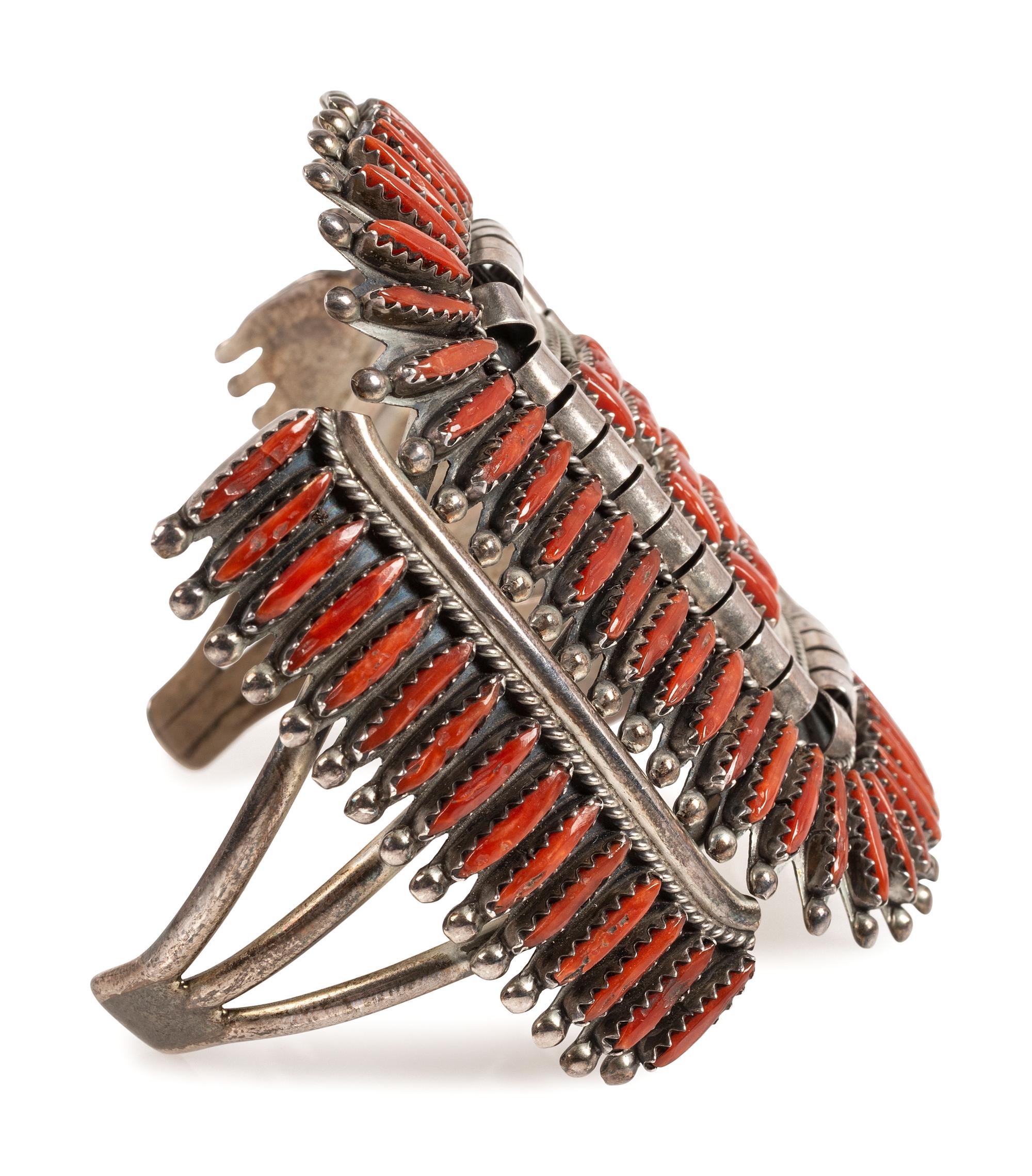 Zuni Sterling Silver and Coral Cluster Cuff Bracelet