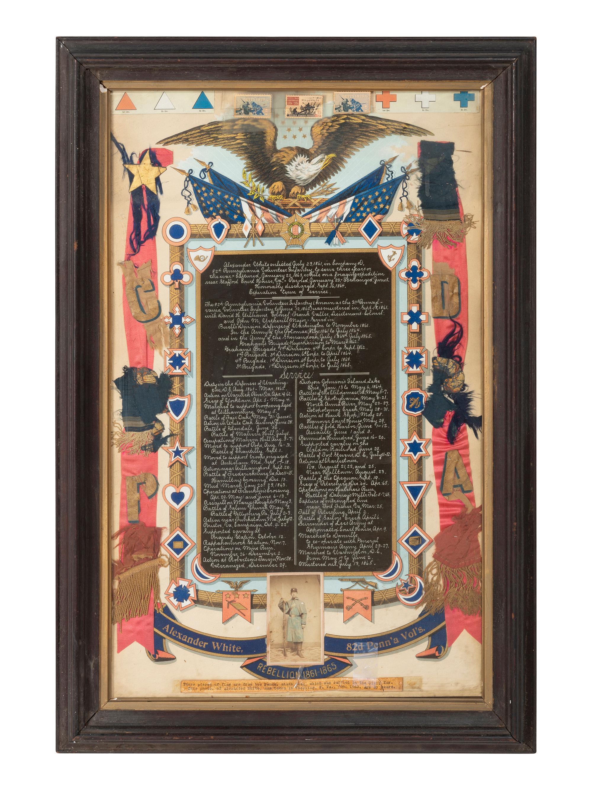 [CIVIL WAR]. Group of artifacts related to Alexander White, 82nd Pennsylvania Volunteer Infantry, including escutcheon, CDV portrait, and flag remnants.