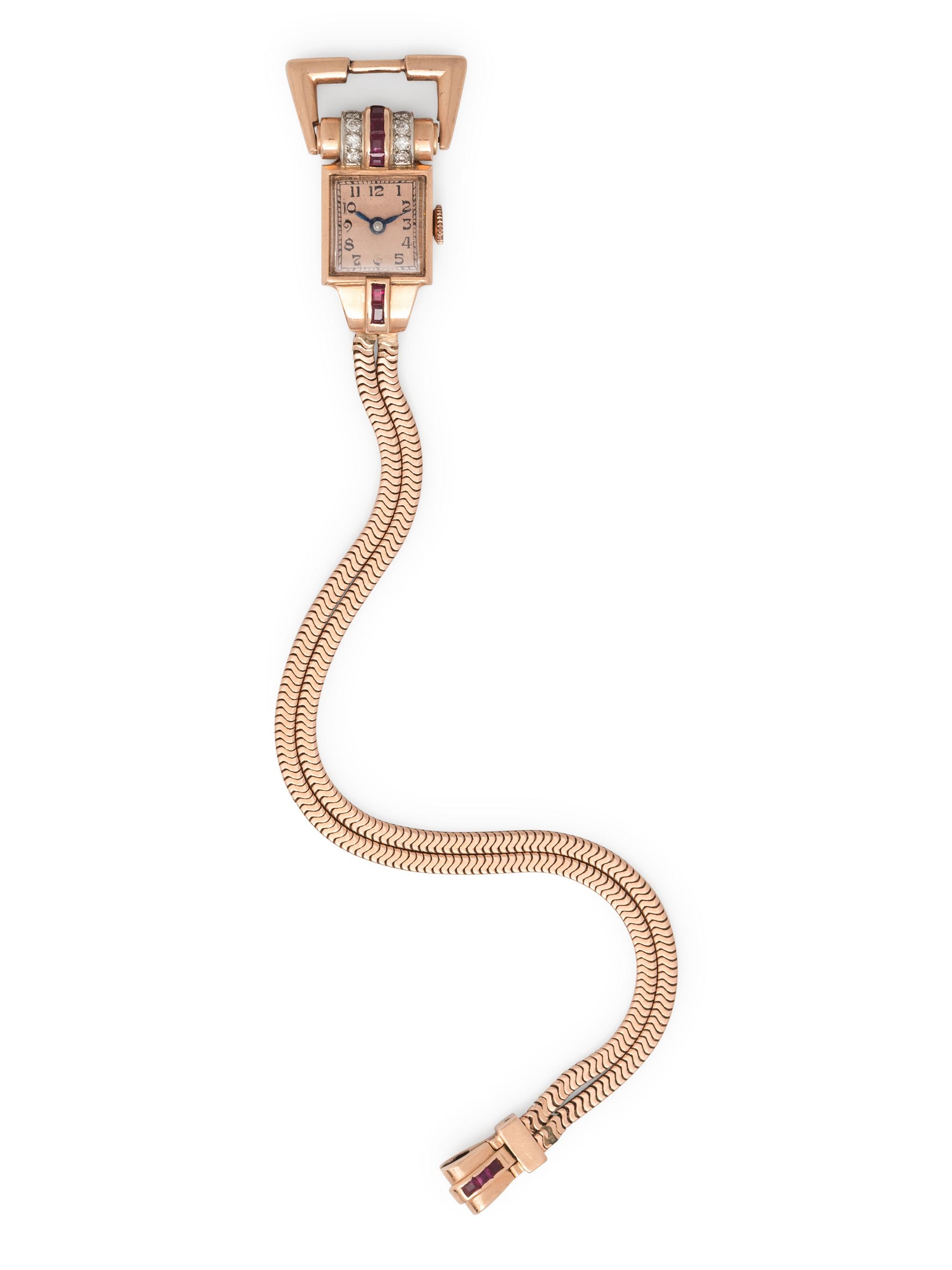 RETRO, ROSE GOLD, RUBY AND DIAMOND WRISTWATCH