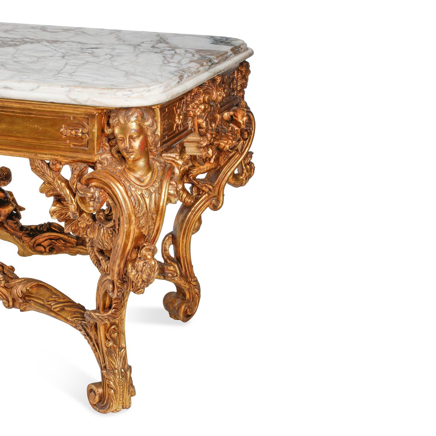 A Large Louis XV Style Giltwood and Marble-Top Salon Table