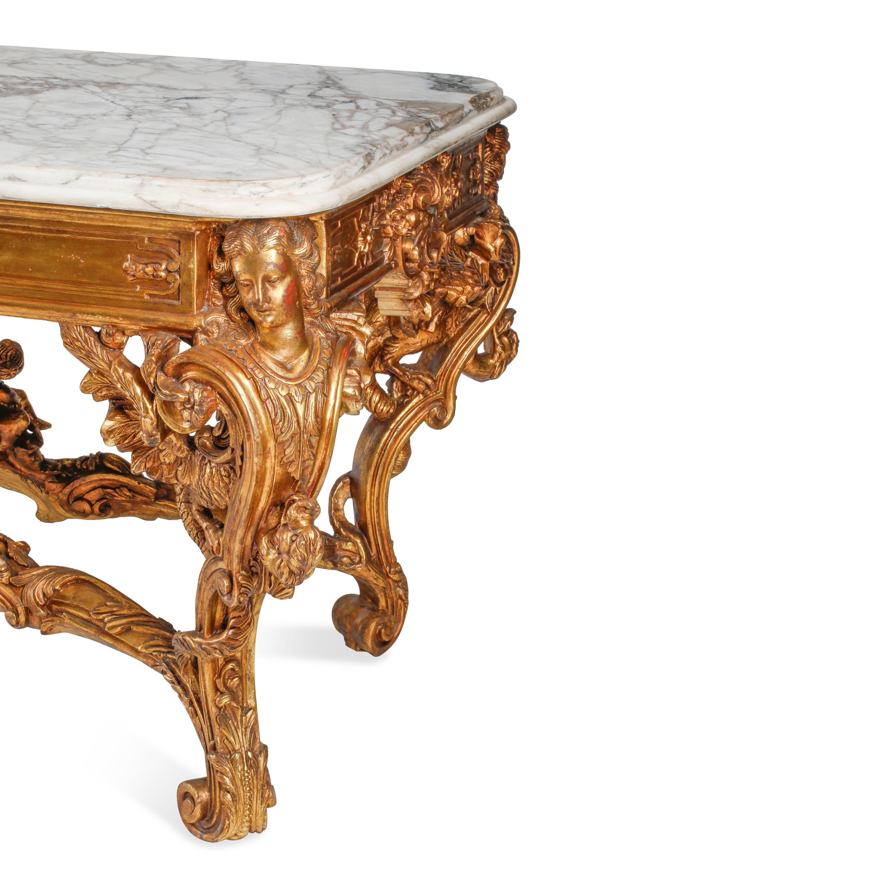 A Large Louis XV Style Giltwood and Marble-Top Salon Table