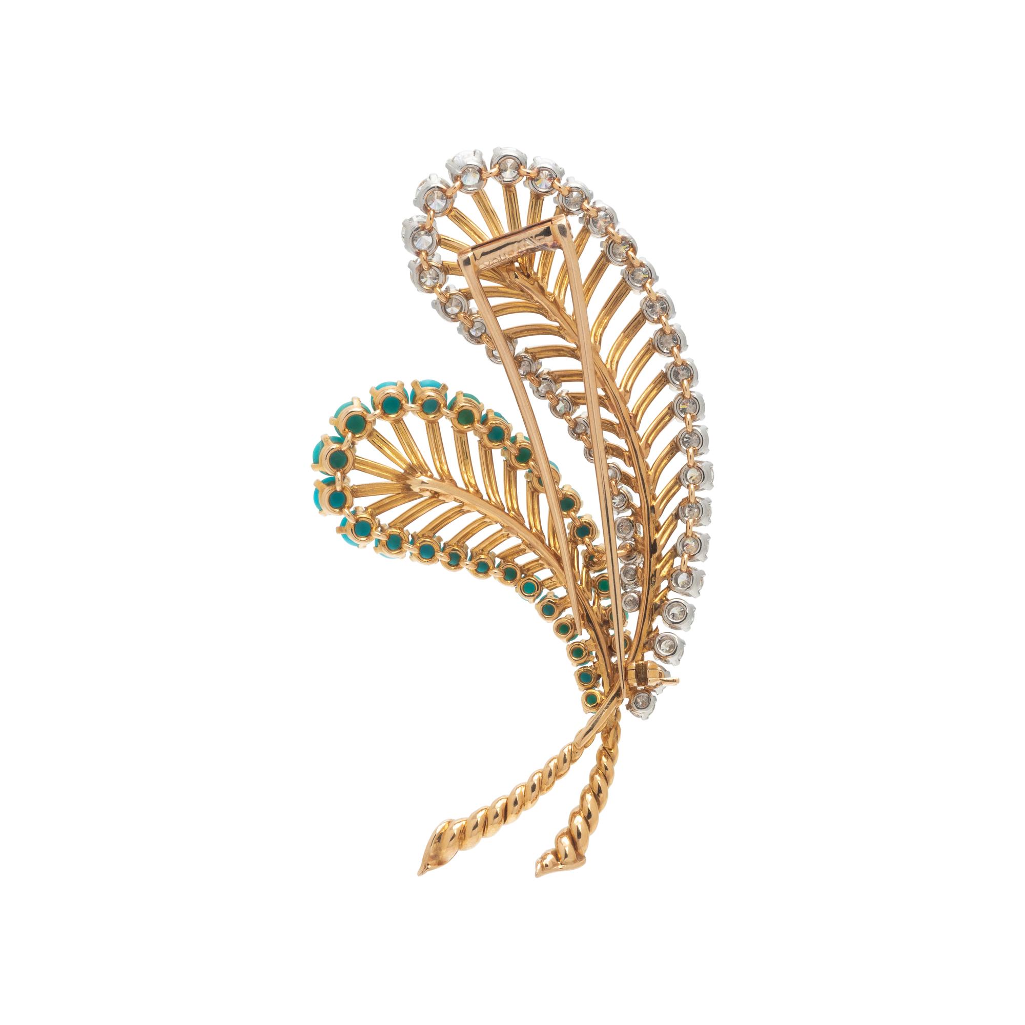 DIAMOND AND TURQUOISE FEATHER BROOCH