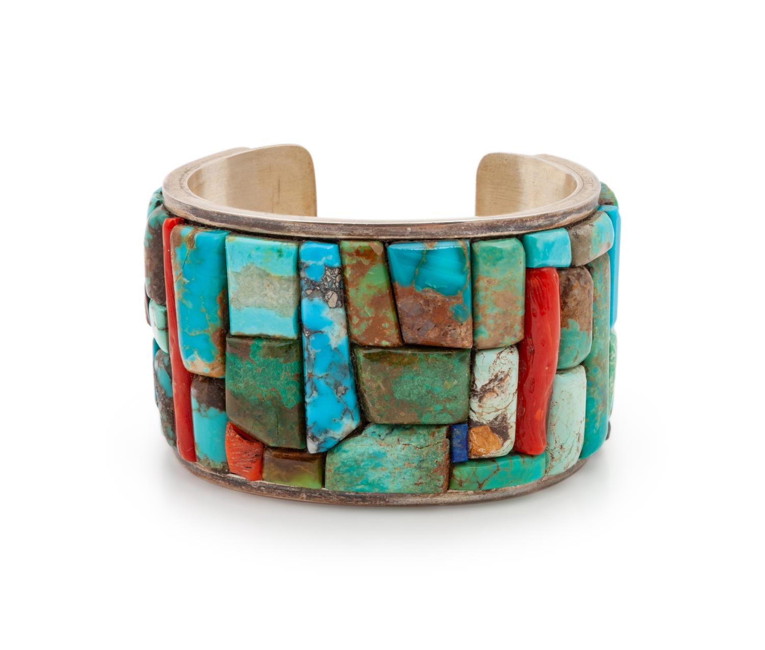 Navajo Silver Cuff Bracelet, with Turquoise and Coral Mosaic Inlay