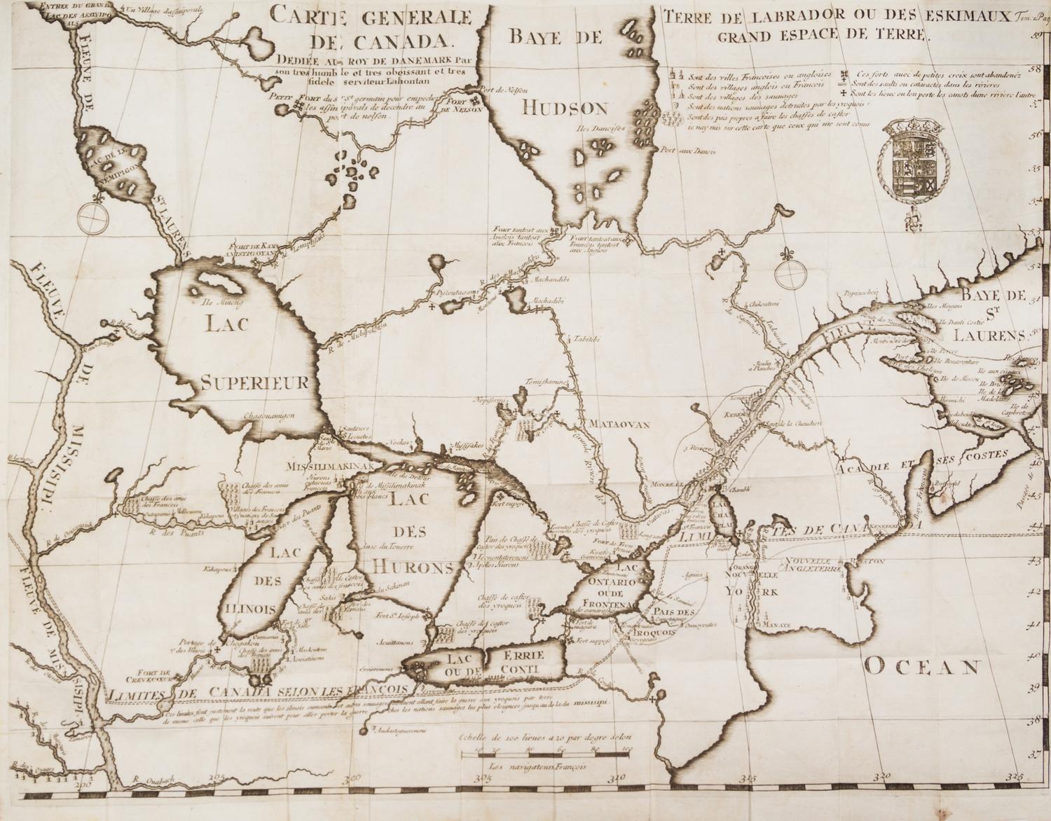 LA HONTAN, BARON. Voyages Du Baron De La Hontan dans L'Amerique Septentrionale.. Hague, 1705. 2 vols. w/maps.