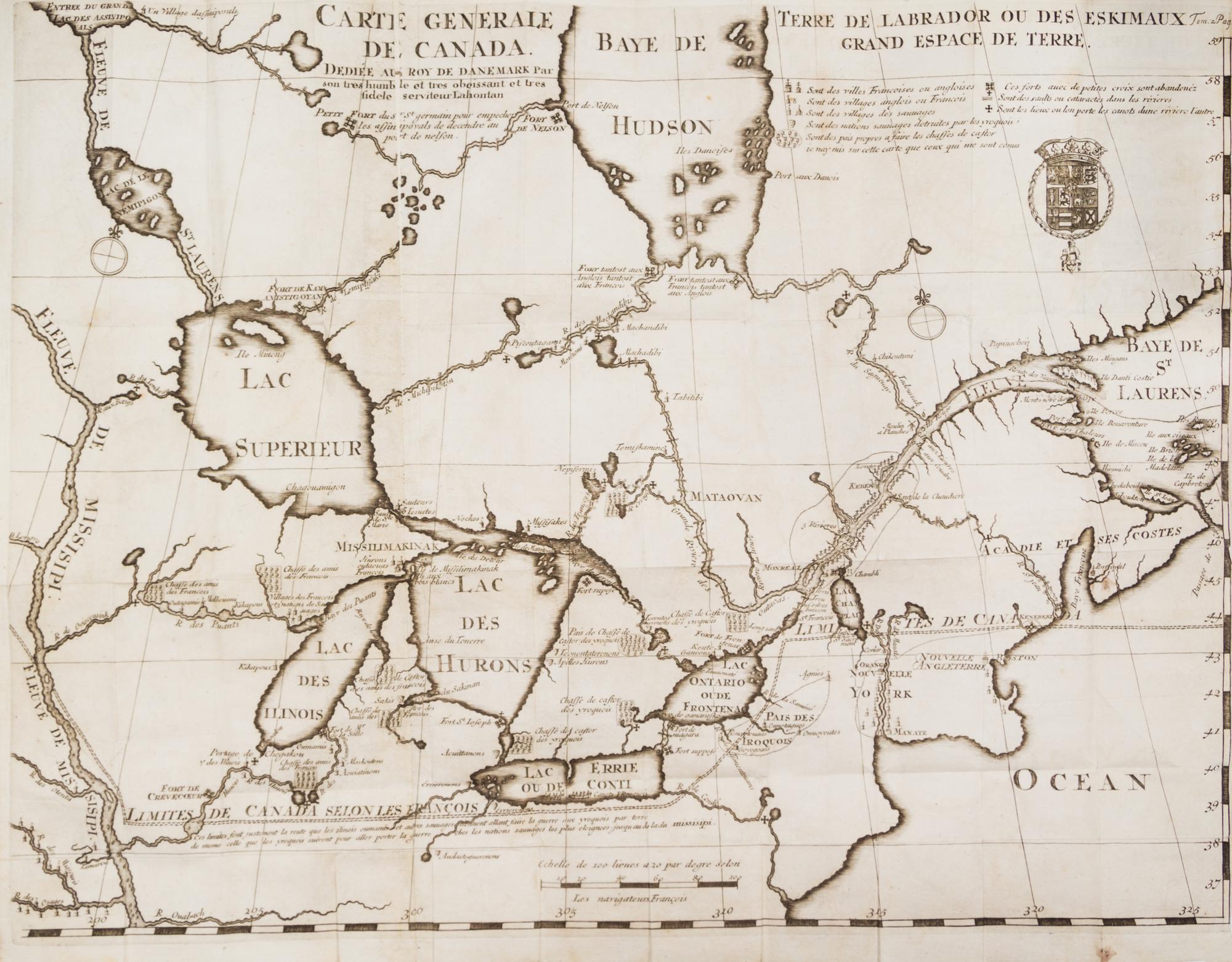 LA HONTAN, BARON. Voyages Du Baron De La Hontan dans L'Amerique Septentrionale.. Hague, 1705. 2 vols. w/maps.
