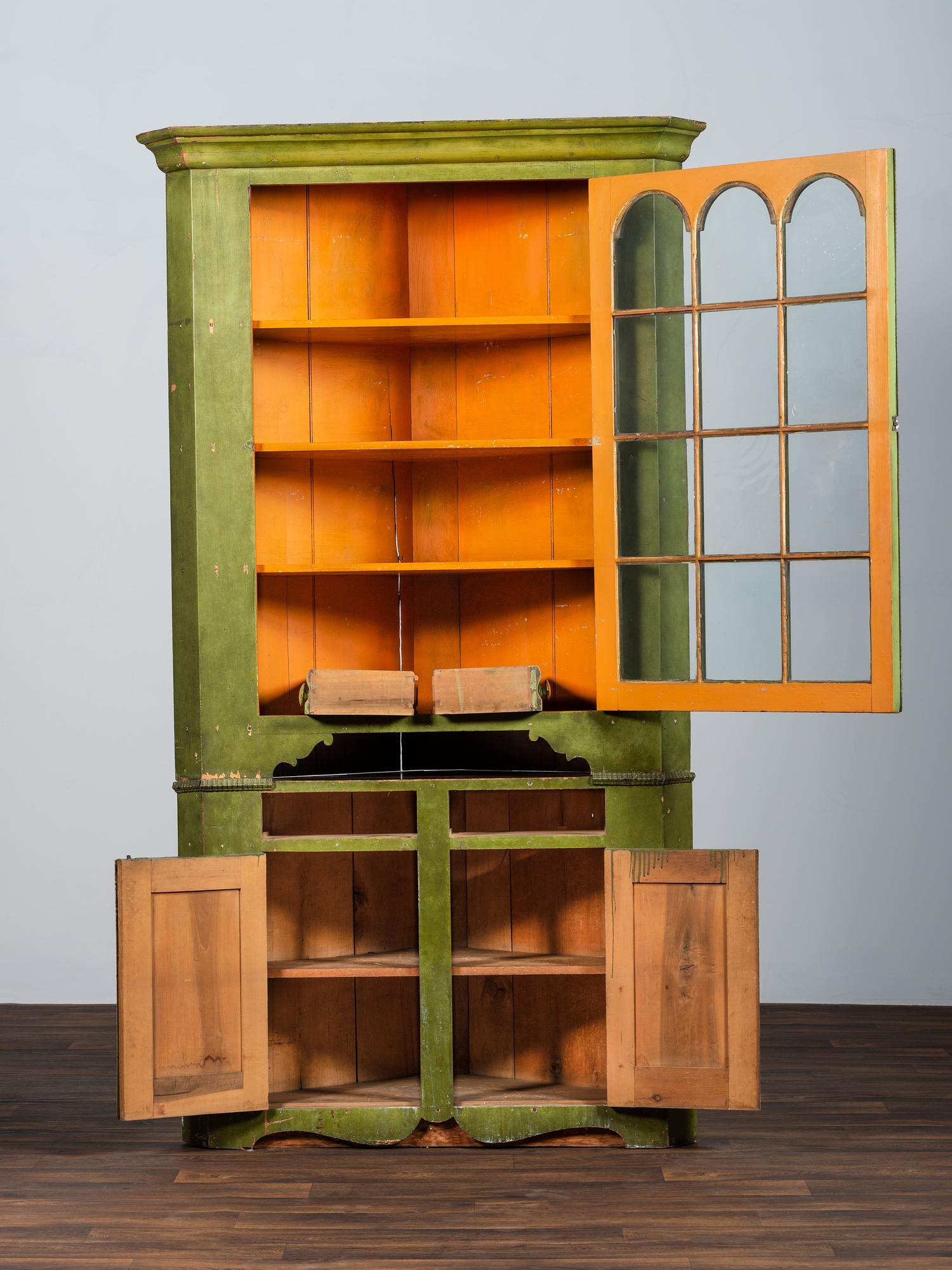 A Federal Green-Painted Pine and Poplar Corner Cupboard