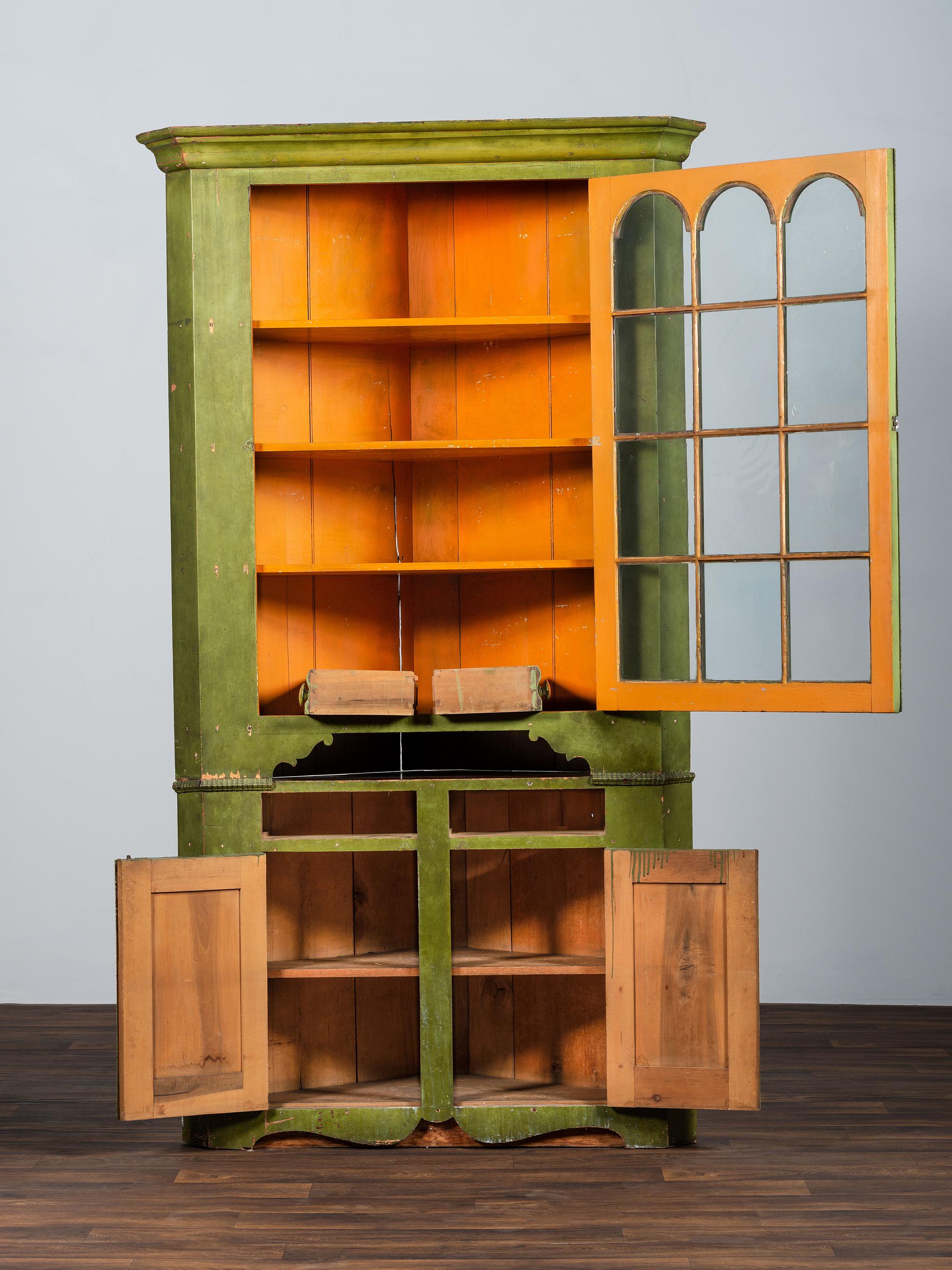 A Federal Green-Painted Pine and Poplar Corner Cupboard