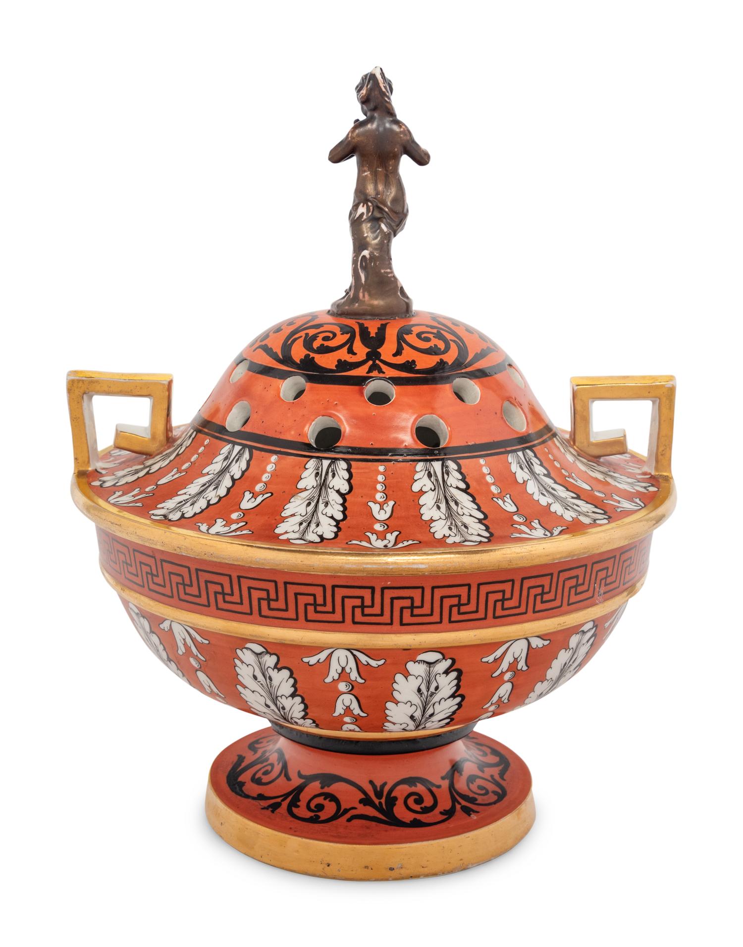 An English Neoclassical Orange-Ground Porcelain Potpourri Bowl and Cover