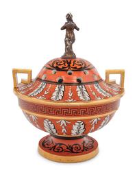 An English Neoclassical Orange-Ground Porcelain Potpourri Bowl and Cover