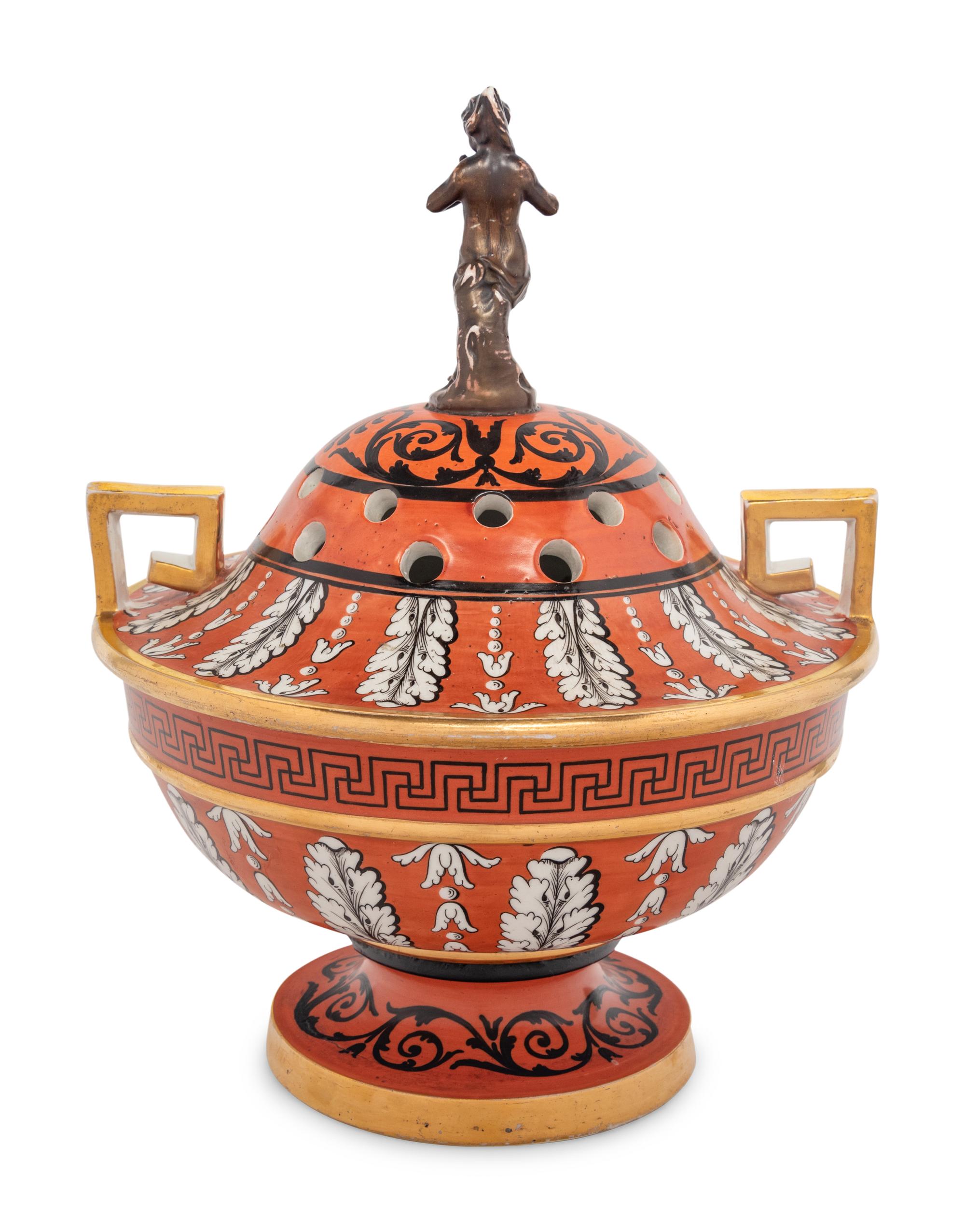 An English Neoclassical Orange-Ground Porcelain Potpourri Bowl and Cover
