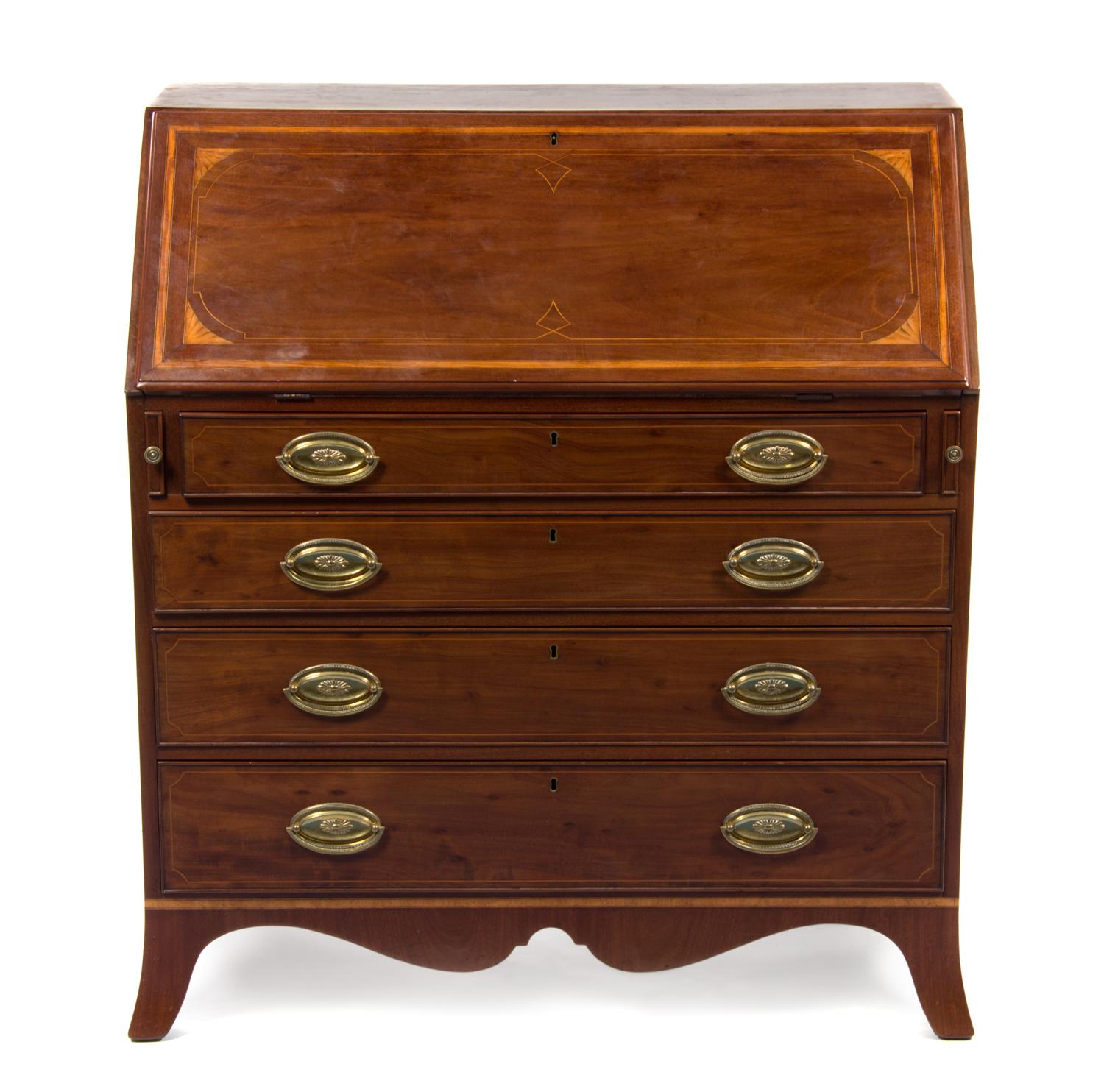 A George III Mahogany Slant Front Bureau, EARLY 19TH CENTURY, Height 43 1/2 x width 39 x depth 20 inches. — EARLY 19TH CENTURY