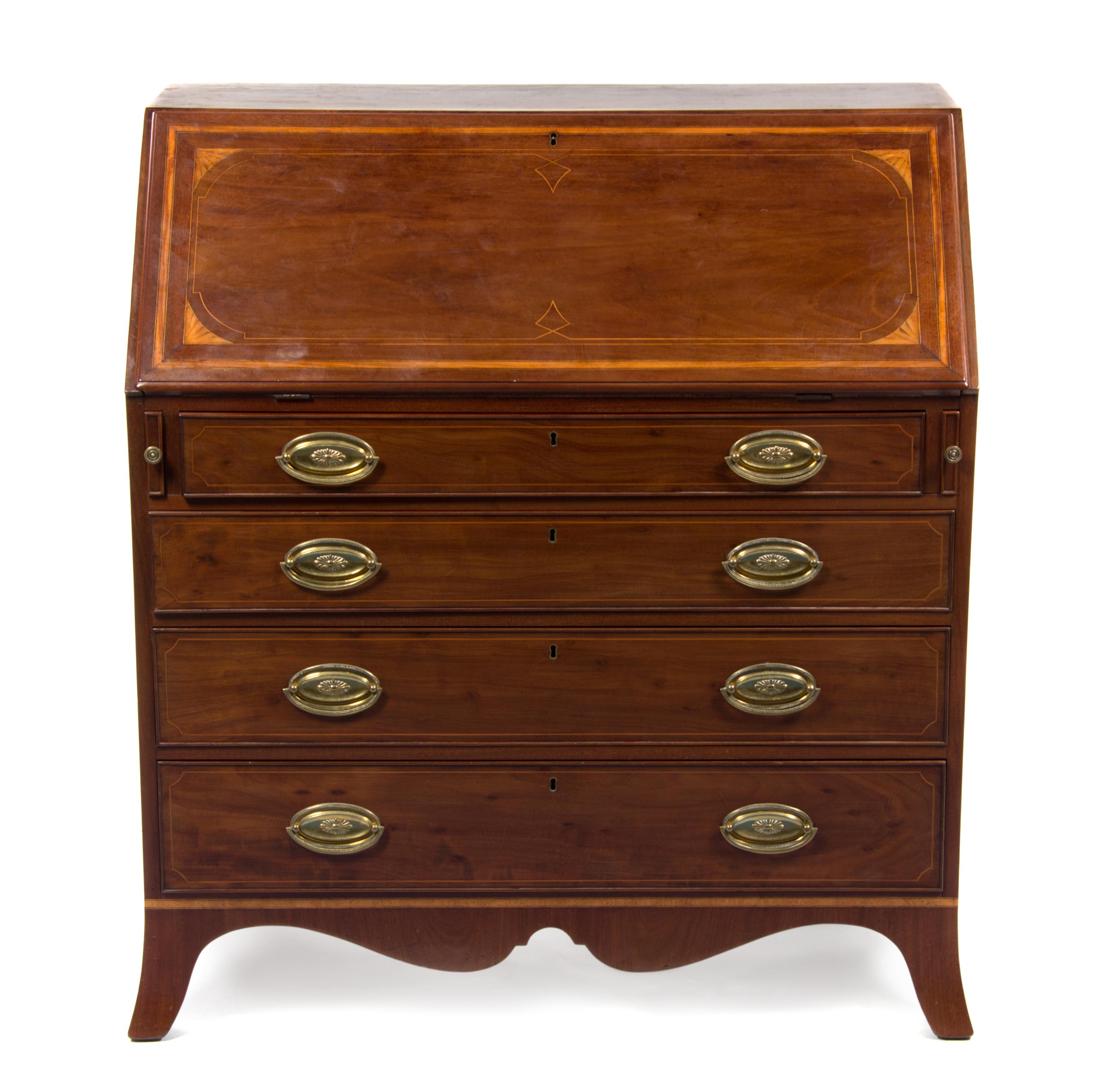 A George III Mahogany Slant Front Bureau, EARLY 19TH CENTURY, Height 43 1/2 x width 39 x depth 20 inches. — EARLY 19TH CENTURY