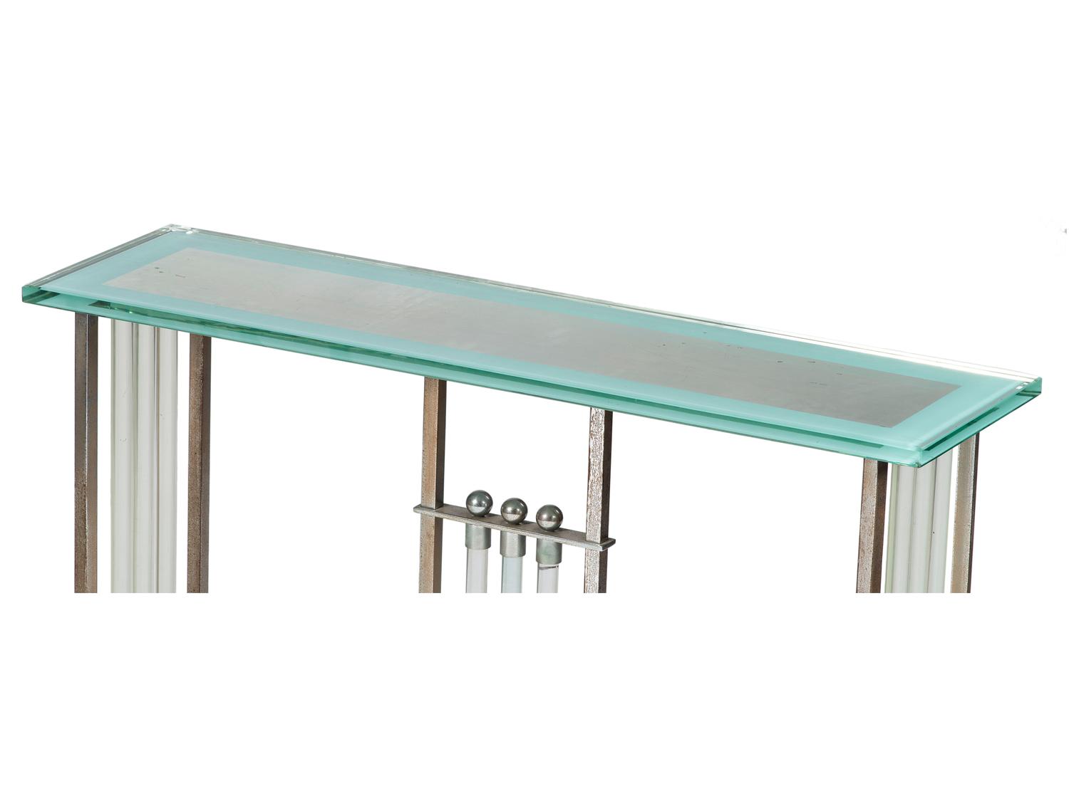 A Pair of Chrome and Glass Console Tables
