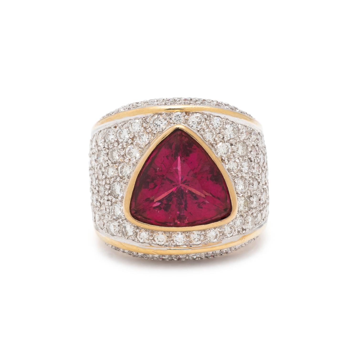 RUBELLITE, DIAMOND, AND BICOLOR GOLD RING