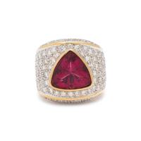 RUBELLITE, DIAMOND, AND BICOLOR GOLD RING