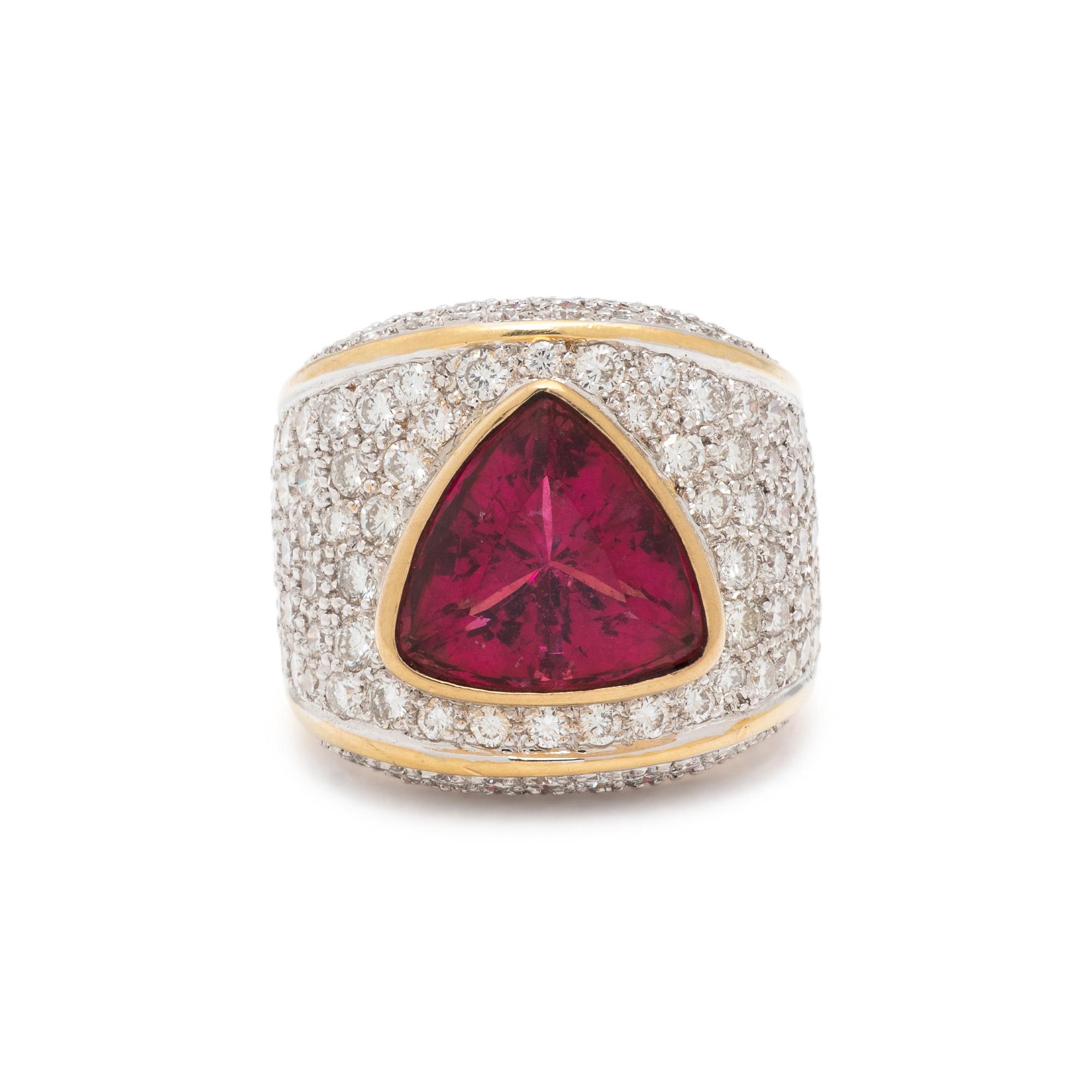 RUBELLITE, DIAMOND, AND BICOLOR GOLD RING
