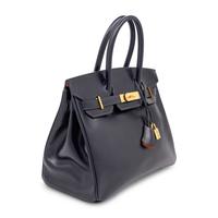 Hermès, Verso Birkin 30 in Bleu Nuit Box Leather & Orange Chevre