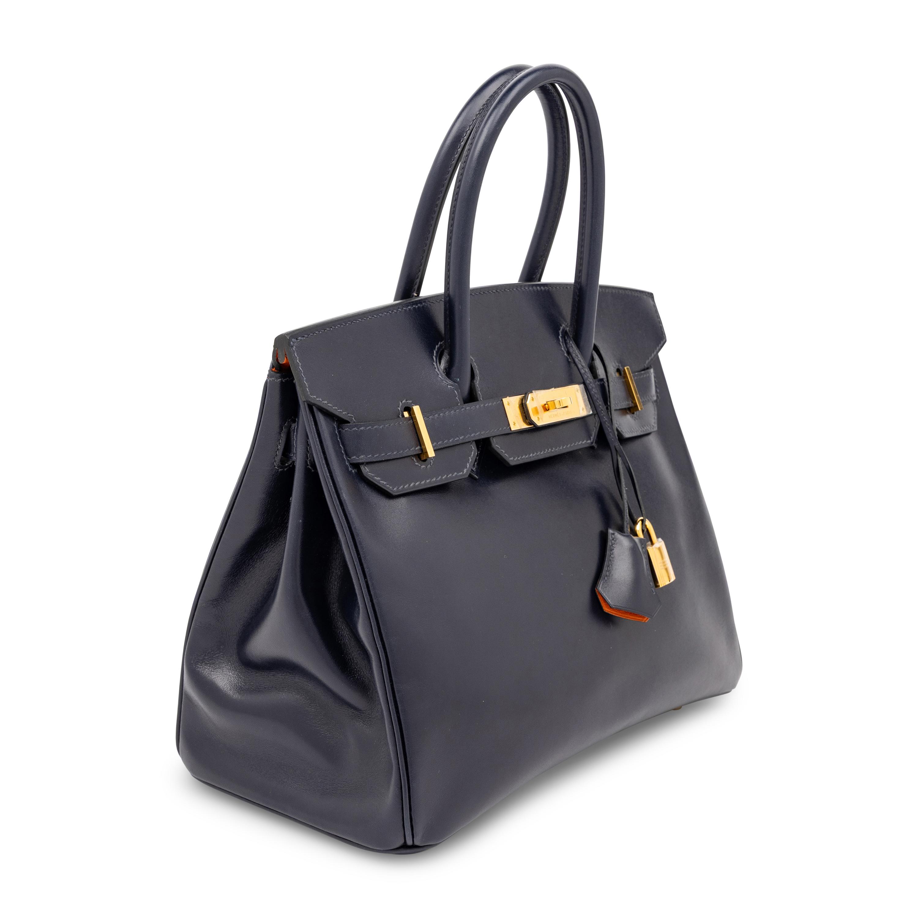 Hermès, Verso Birkin 30 in Bleu Nuit Box Leather & Orange Chevre