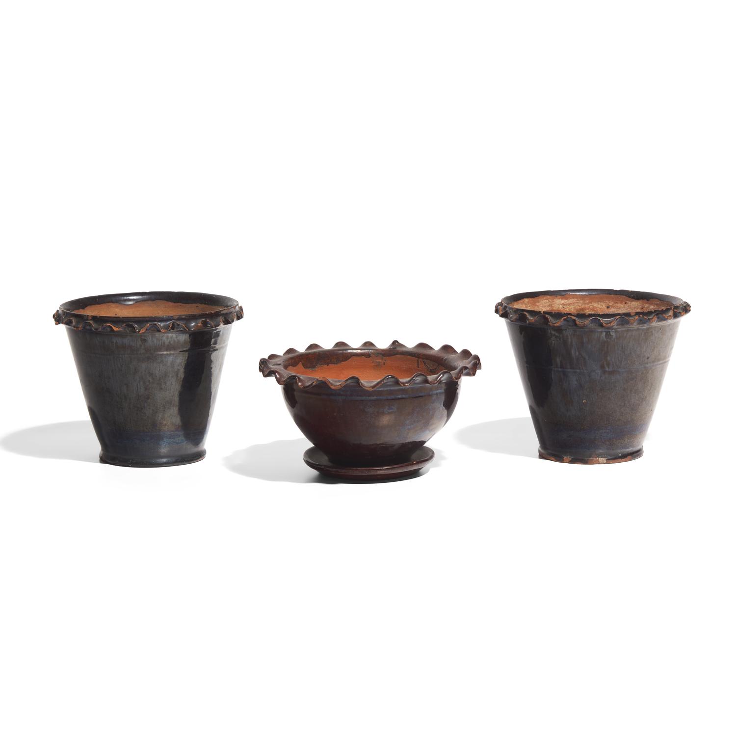 Three Glazed Redware Flower Pots