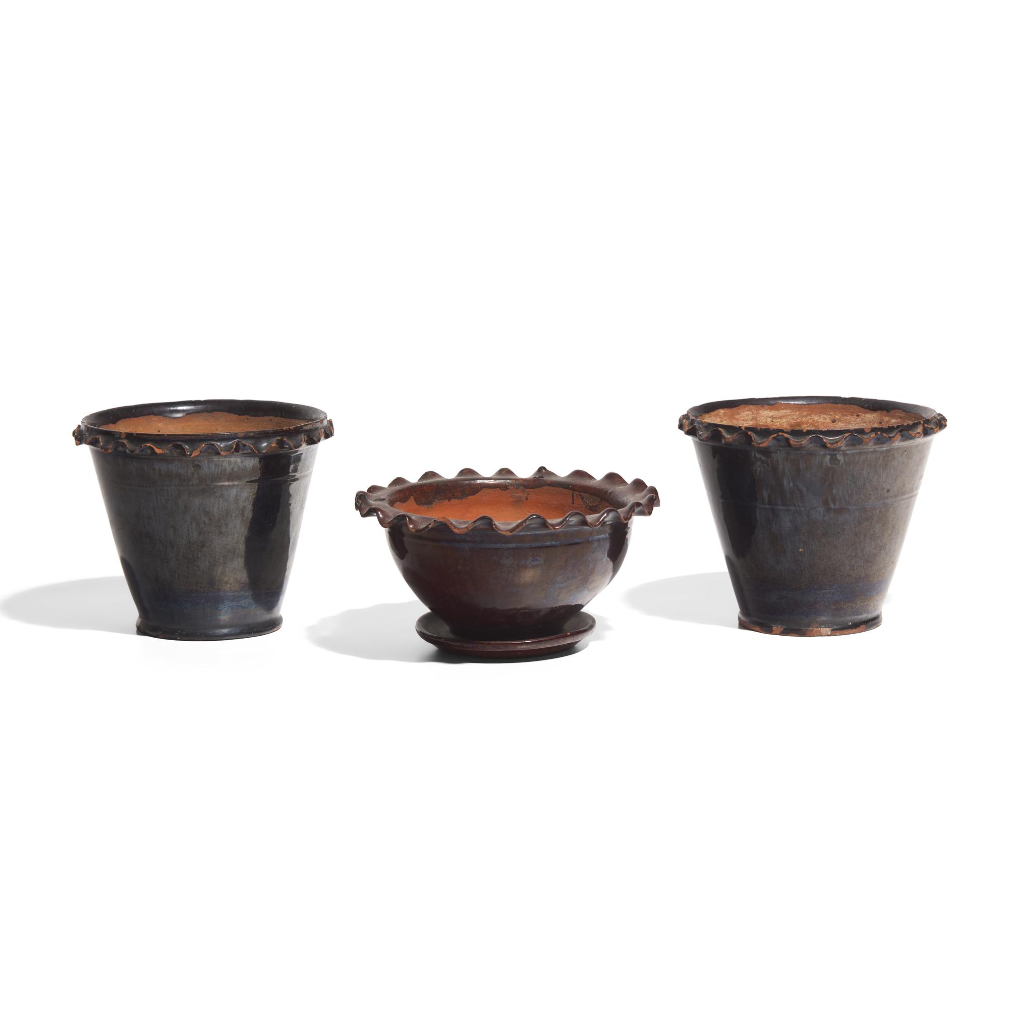 Three Glazed Redware Flower Pots