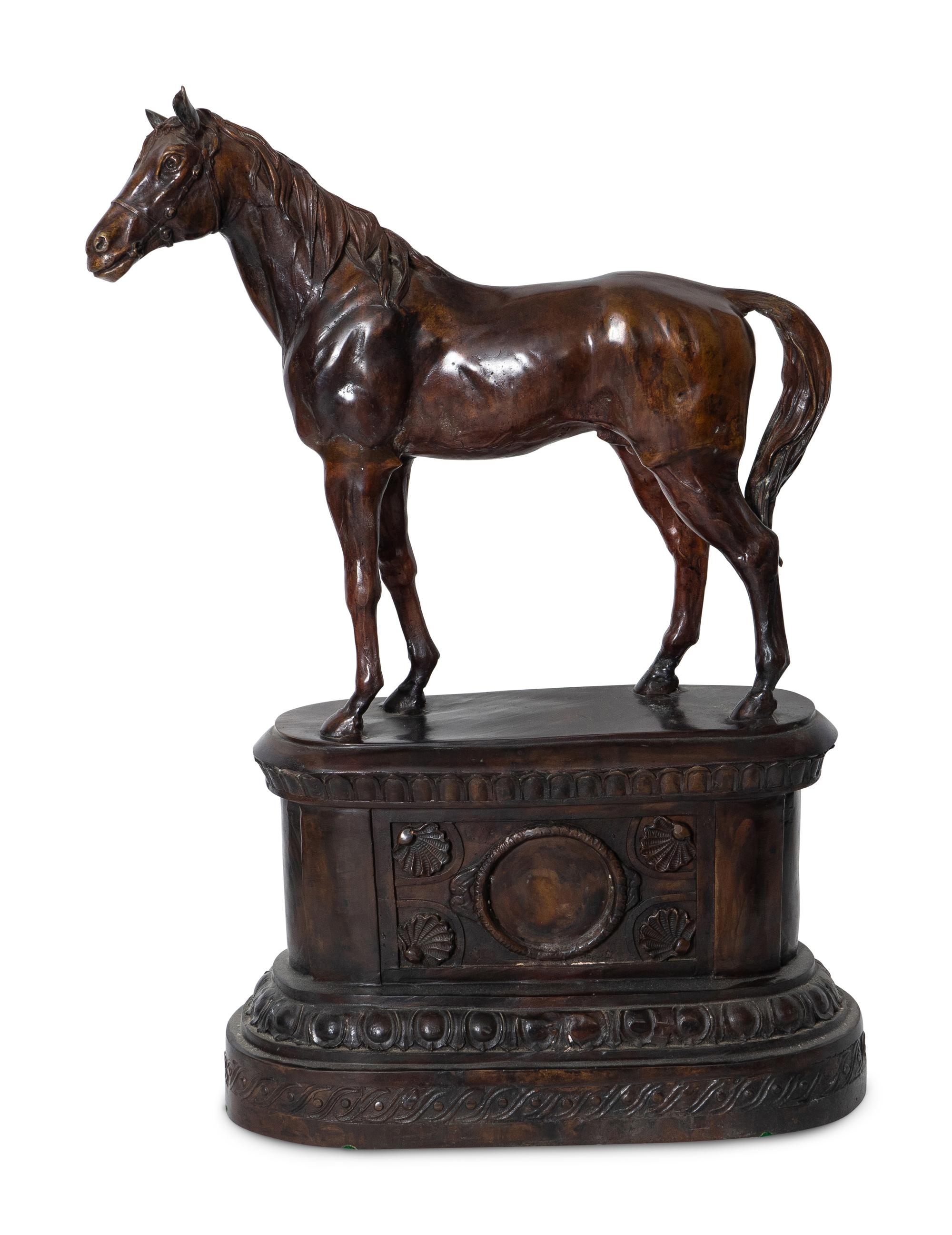 A Large Cast Bronze Horse Sculpture on Elaborate Plinth