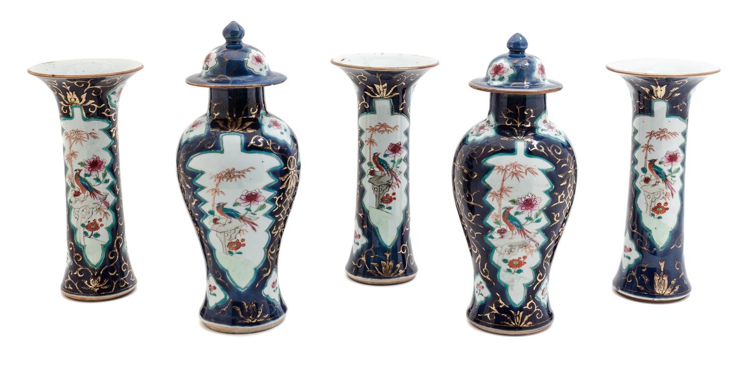 A Chinese Export Porcelain Five-Piece Garniture Height of tallest 9 1/2 inches. — 19TH CENTURY
