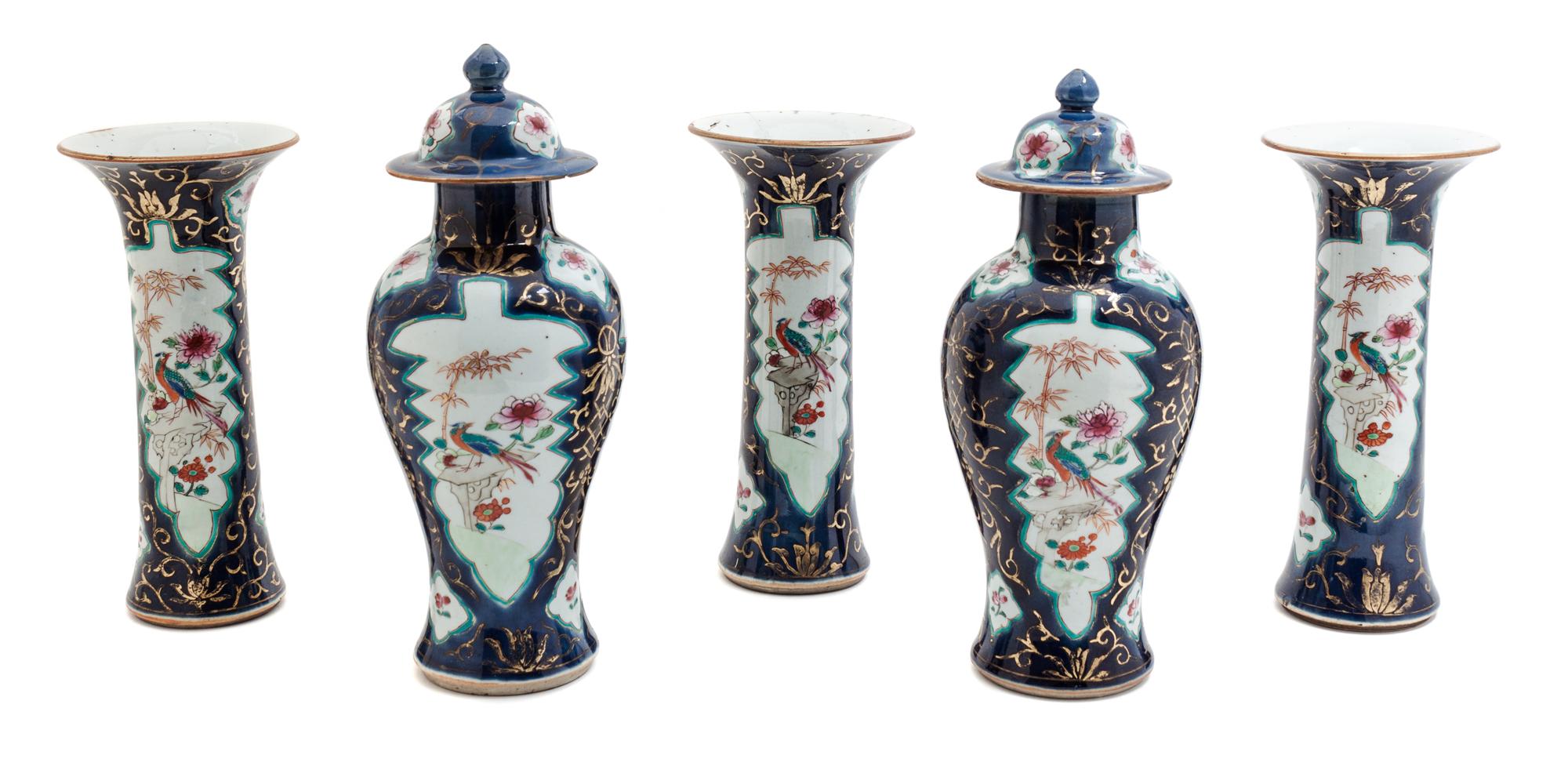 A Chinese Export Porcelain Five-Piece Garniture Height of tallest 9 1/2 inches. — 19TH CENTURY