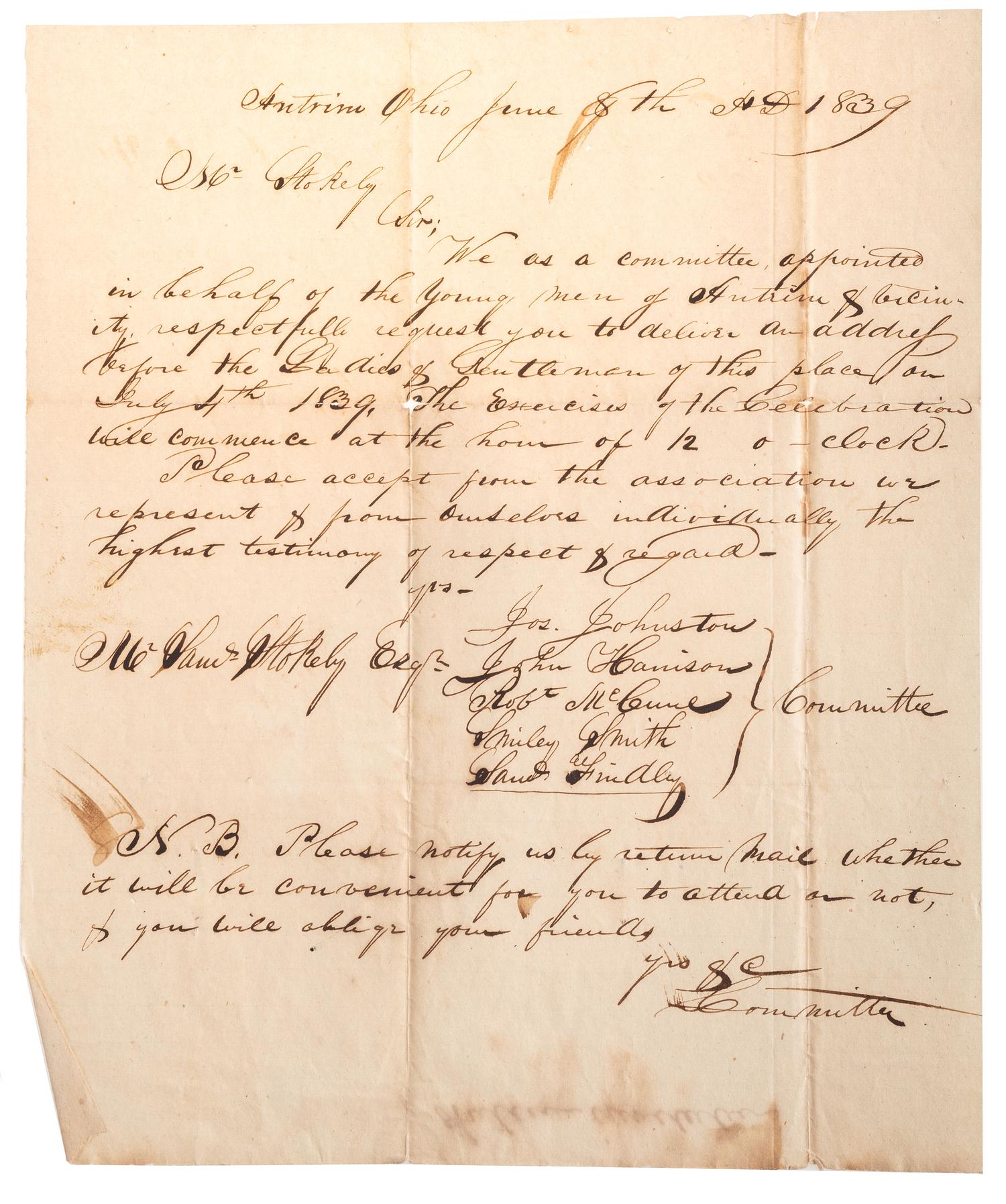[OHIO] -- [STOKELY, Gen. Samuel (1796-1861)]. Personal correspondence and papers of Ohio politician, US Representative General Samuel Stokely.
