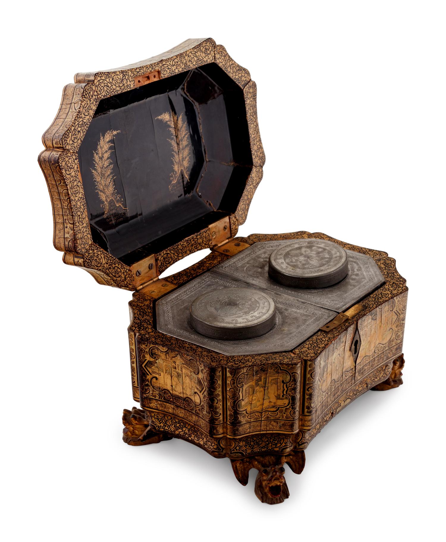 A Chinese Export Gilt Decorated Black Lacquer Tea Caddy