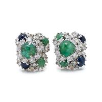 EMERALD, SAPPHIRE AND DIAMOND EARCLIPS