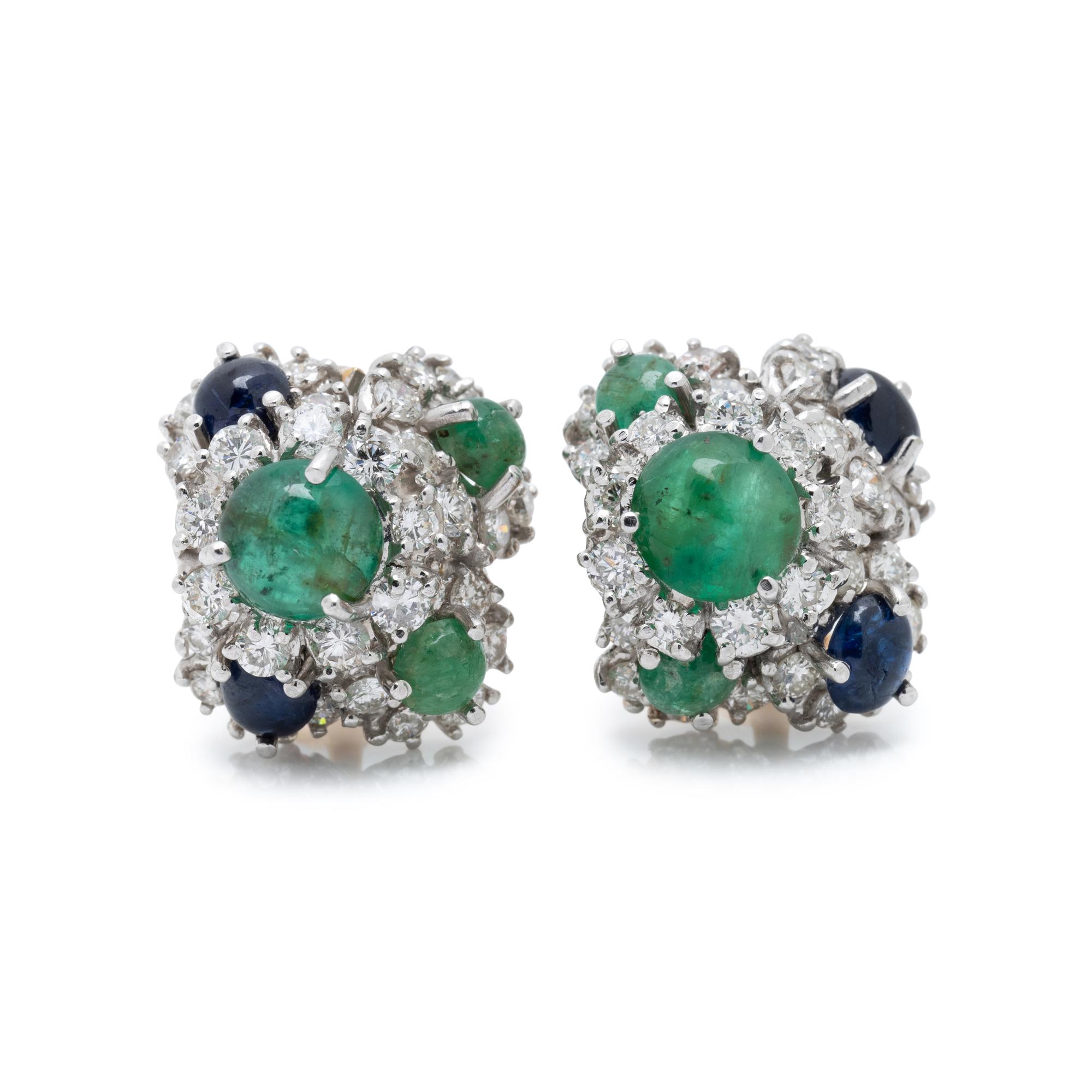 EMERALD, SAPPHIRE AND DIAMOND EARCLIPS