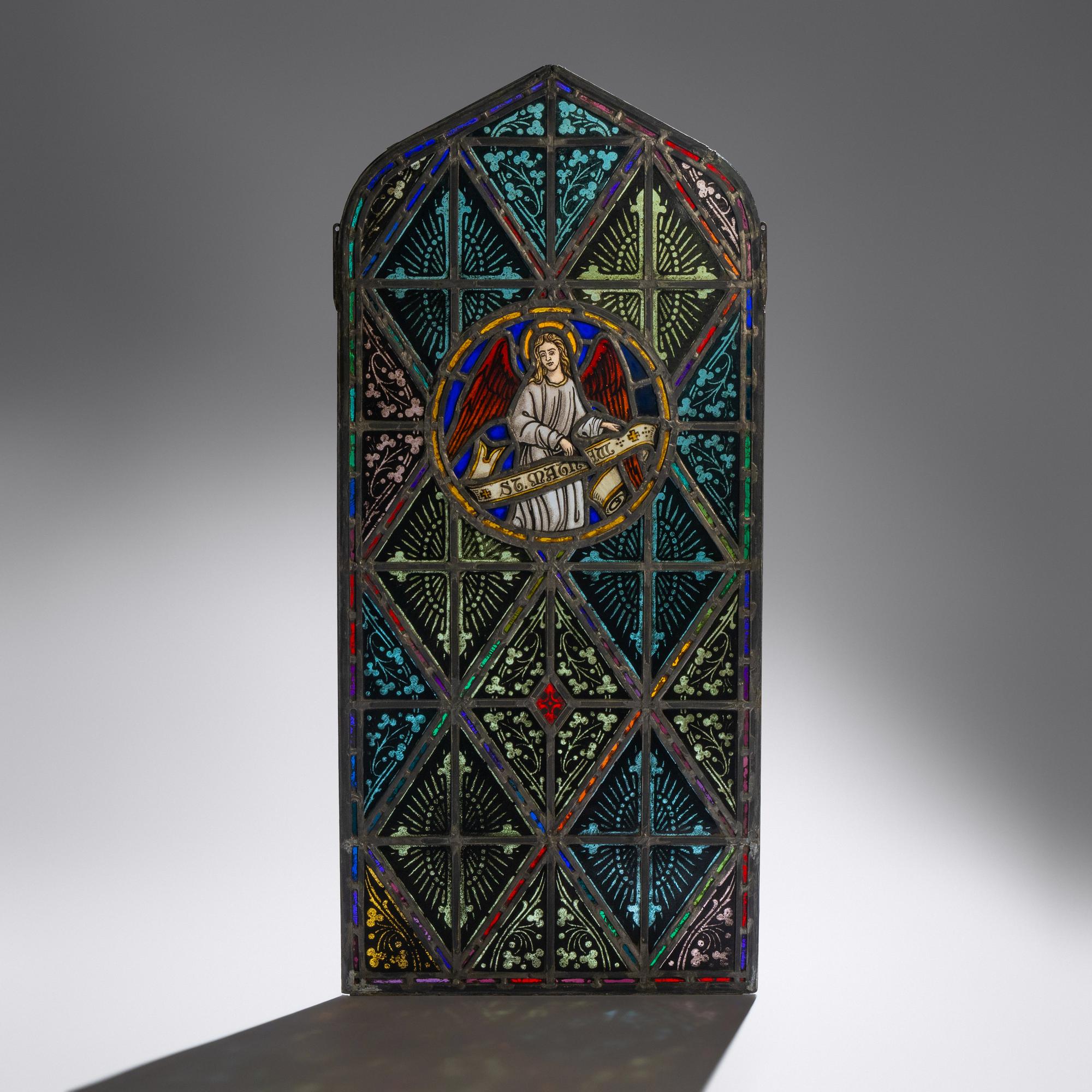 Window with Gothic-arch and painted St. Matthew