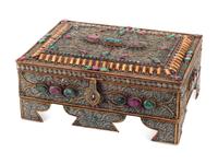 A Silvered Metal Filigree, Ruby and Emerald Table Casket