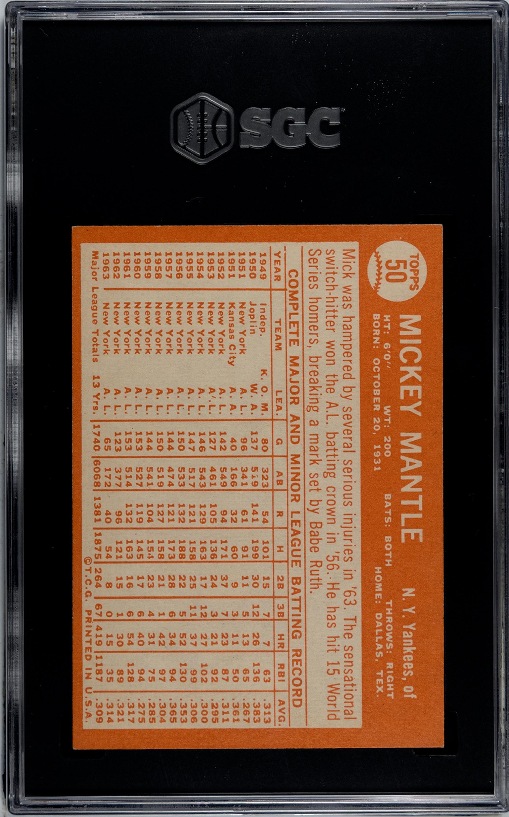 A 1964 Topps Mickey Mantle Baseball Card No. 50 (SGC 6 EX/NM)