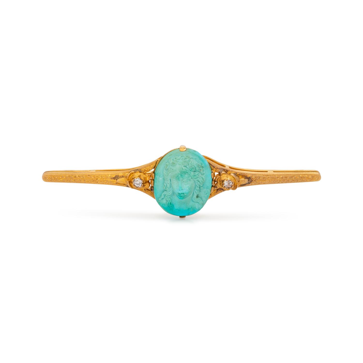 ANTIQUE, YELLOW GOLD, TURQUOISE AND DIAMOND BROOCH