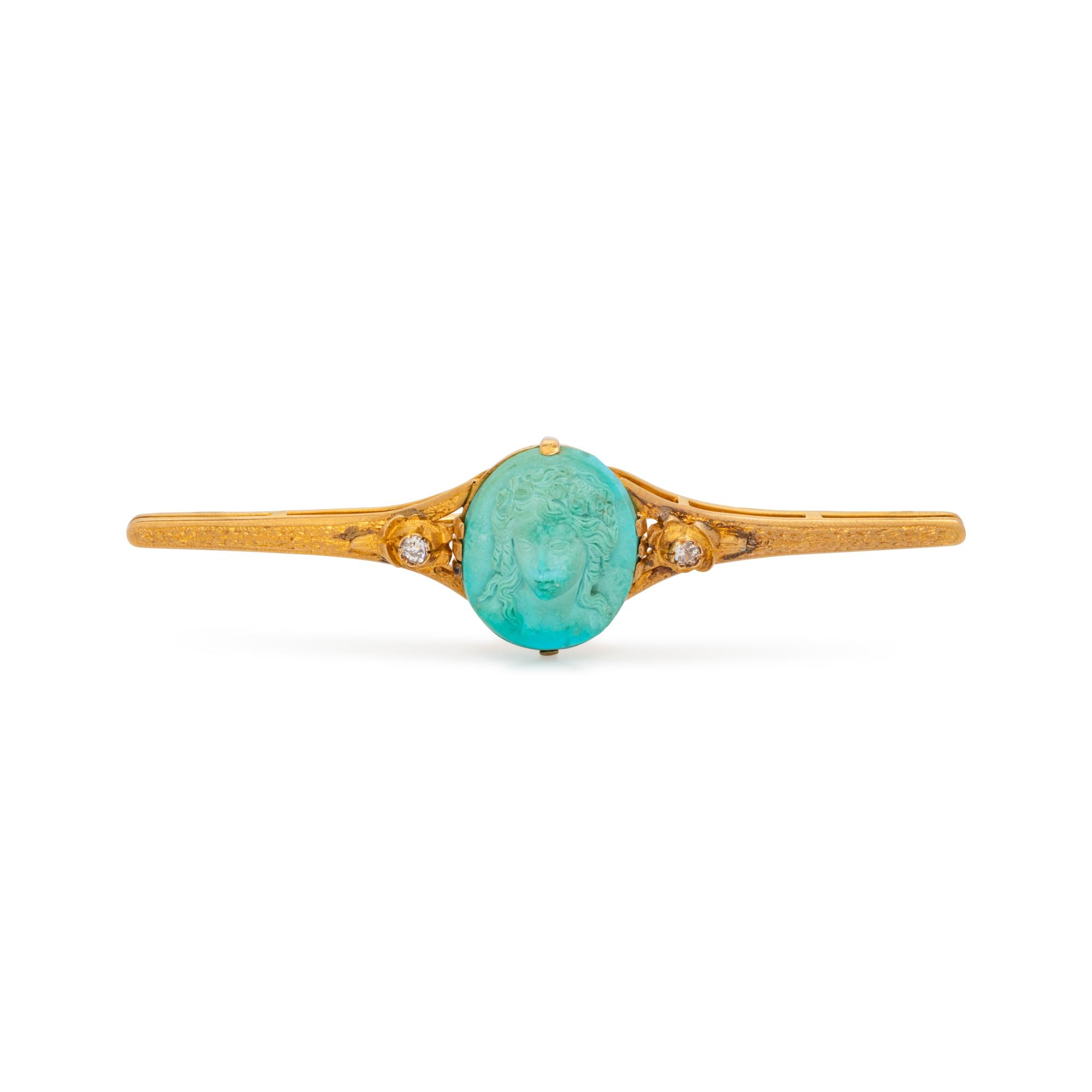 ANTIQUE, YELLOW GOLD, TURQUOISE AND DIAMOND BROOCH