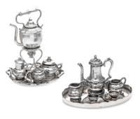 A Collection of Silver Tea and Coffee Articles, Various Makers, comprising a three-piece service of baluster form having C-scroll decor