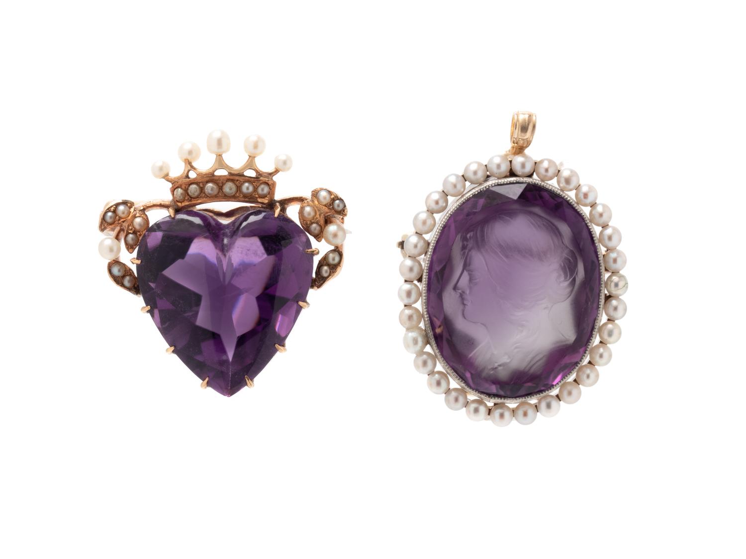 COLLECTION OF ANTIQUE, AMETHYST AND SEED PEARL BROOCHES