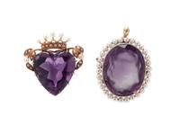 COLLECTION OF ANTIQUE, AMETHYST AND SEED PEARL BROOCHES