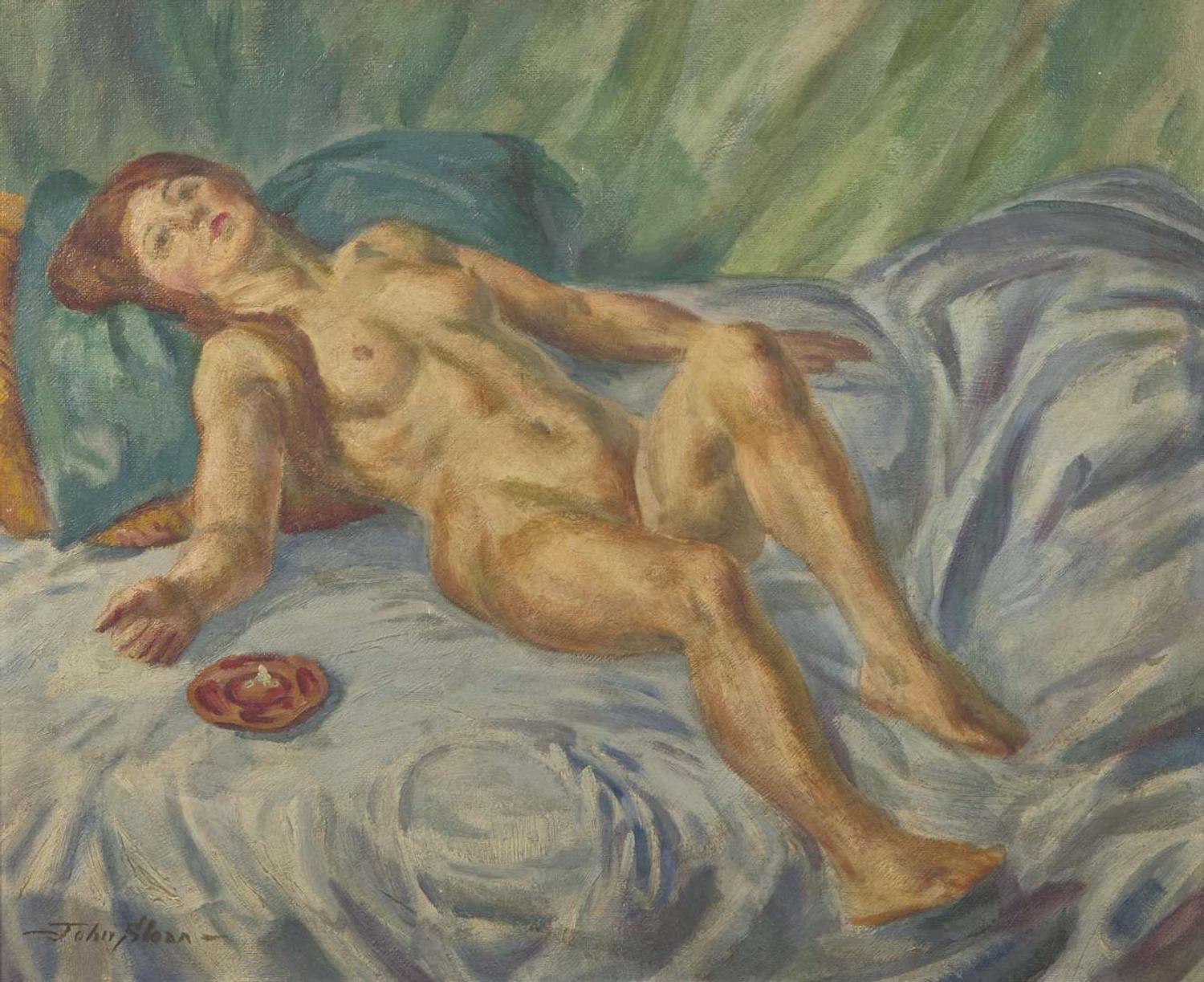 John Sloan (American, 1871-1951) - Nude, Blue Swirl Couch and Ashtray