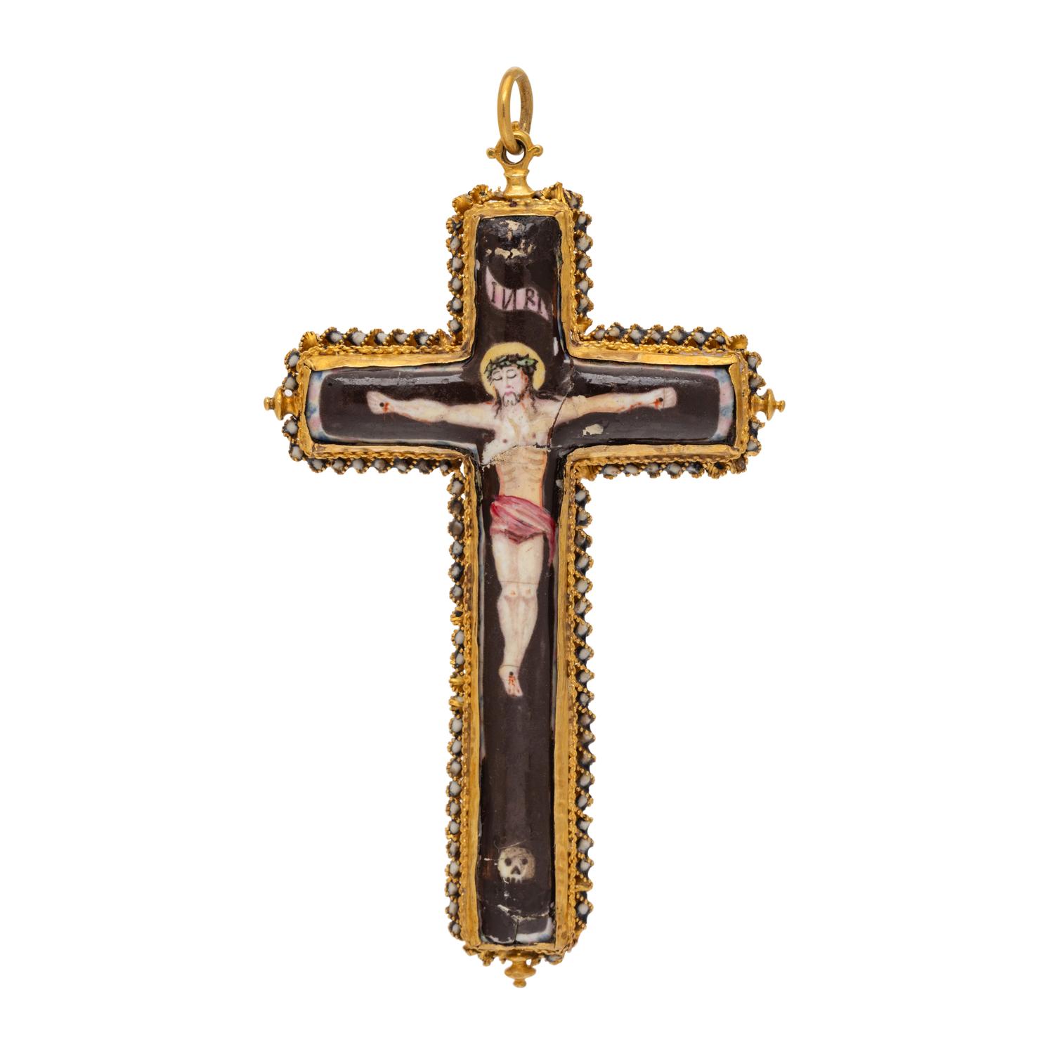 RENAISSANCE, YELLOW GOLD AND ENAMEL CROSS PENDANT