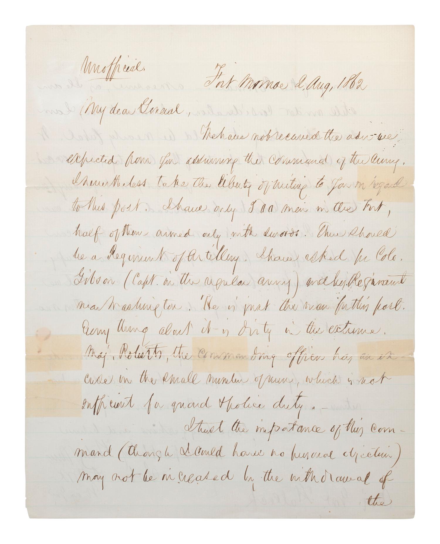 [CIVIL WAR]. DIX, John A. (1798-1879). Autograph letter signed ("John A. Dix"), to Major General Halleck. Fort Monroe, 2 August 1862.
