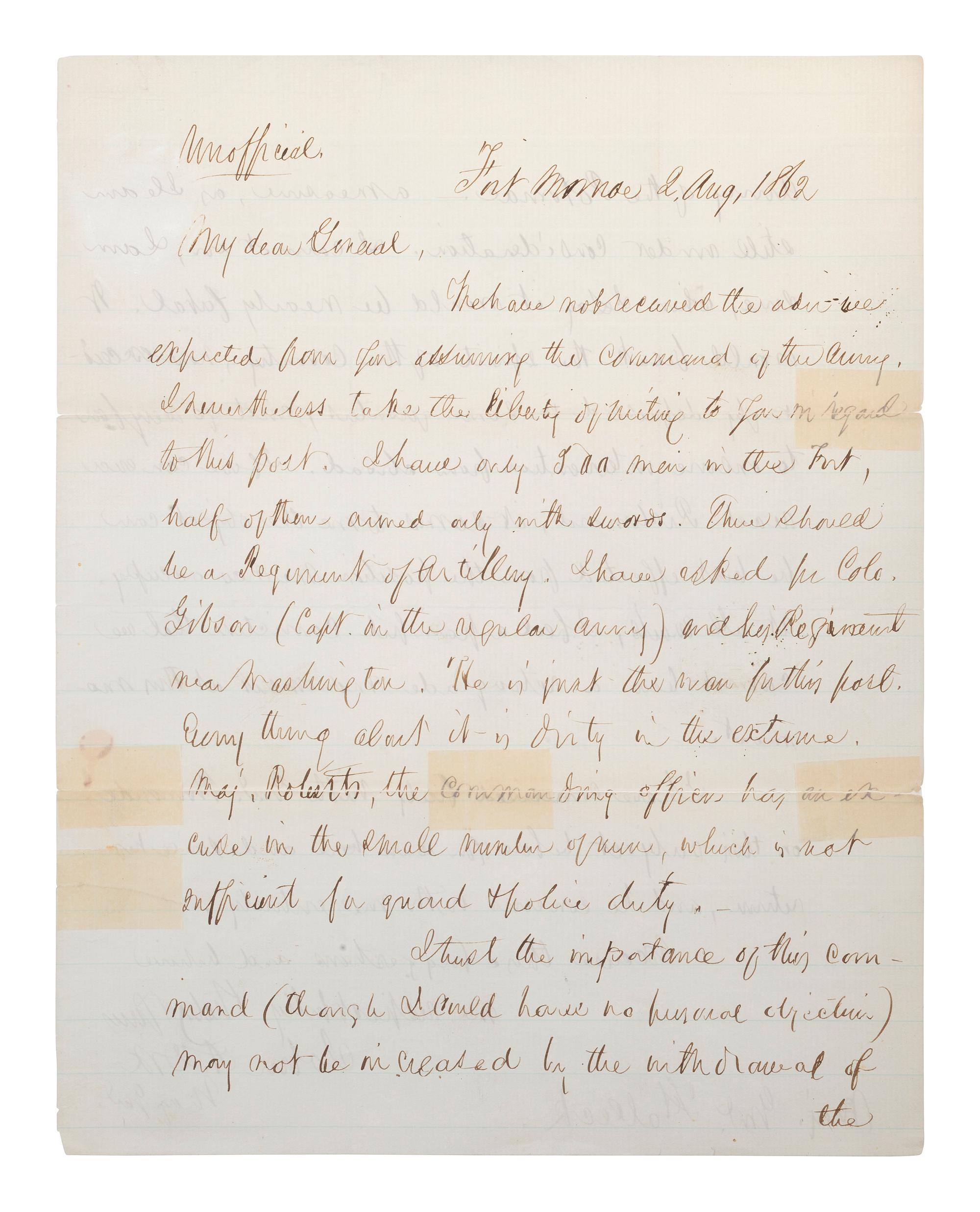 [CIVIL WAR]. DIX, John A. (1798-1879). Autograph letter signed ("John A. Dix"), to Major General Halleck. Fort Monroe, 2 August 1862.