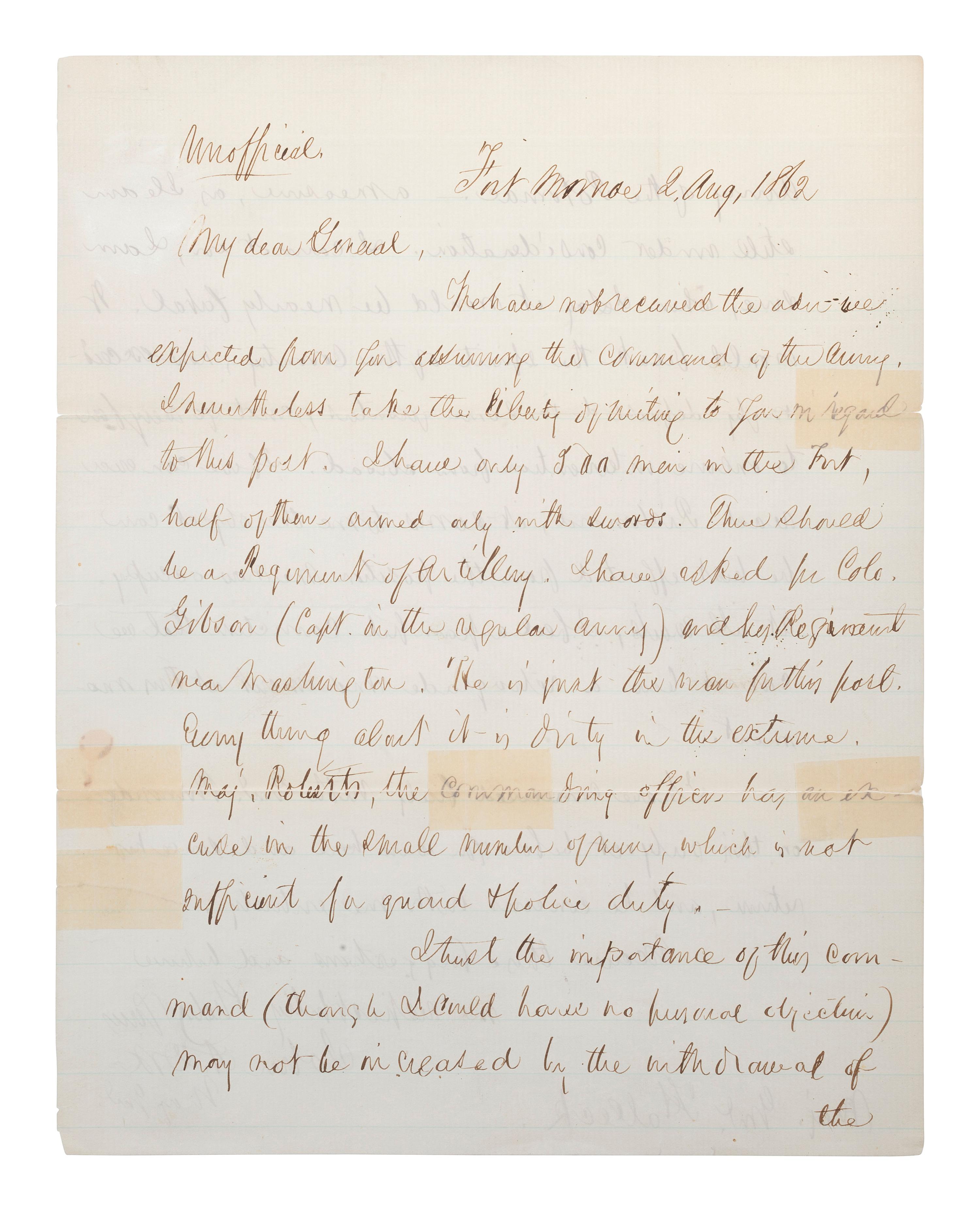 [CIVIL WAR]. DIX, John A. (1798-1879). Autograph letter signed ("John A. Dix"), to Major General Halleck. Fort Monroe, 2 August 1862.